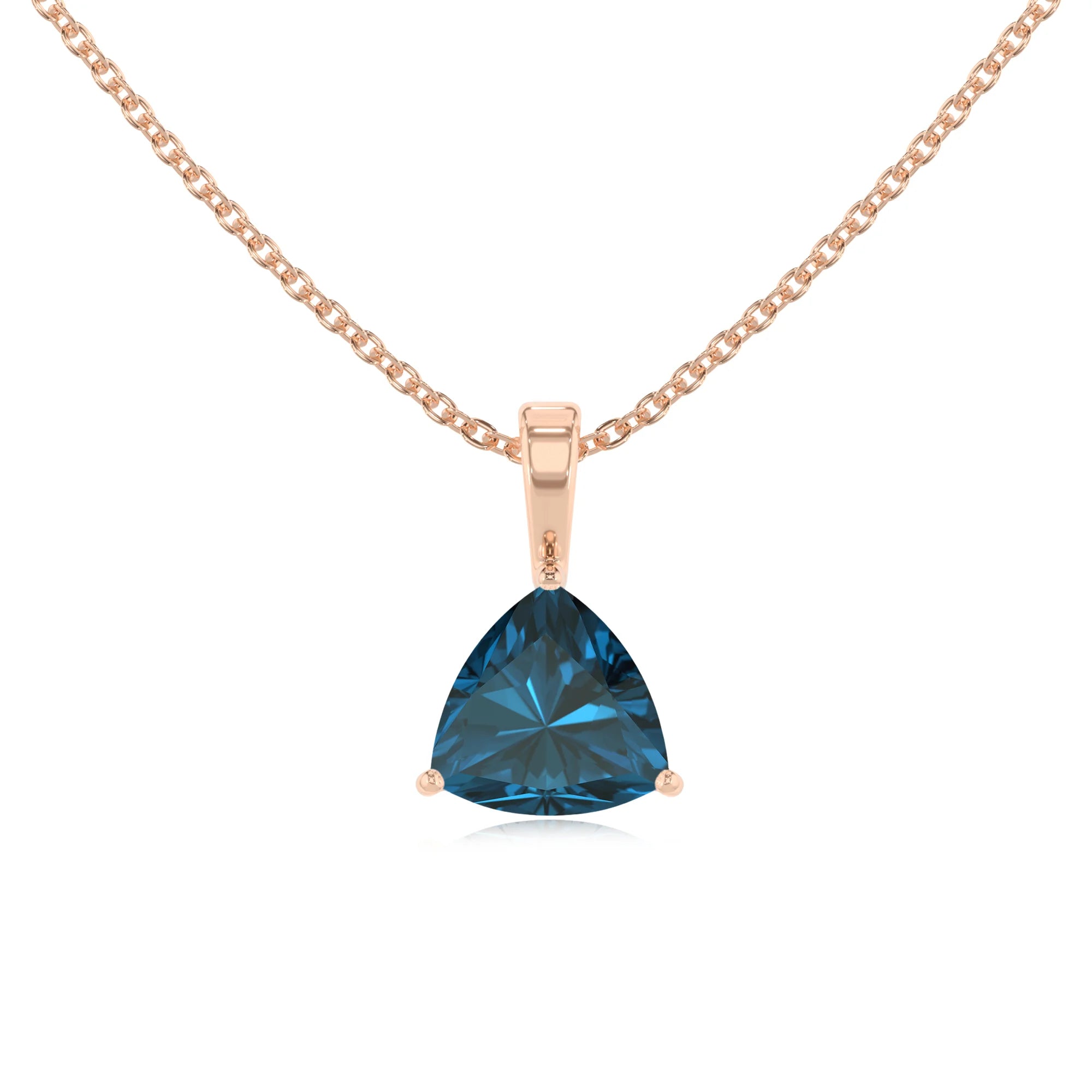 natural london-blue-topaz trillion solitaire necklaces in rose gold