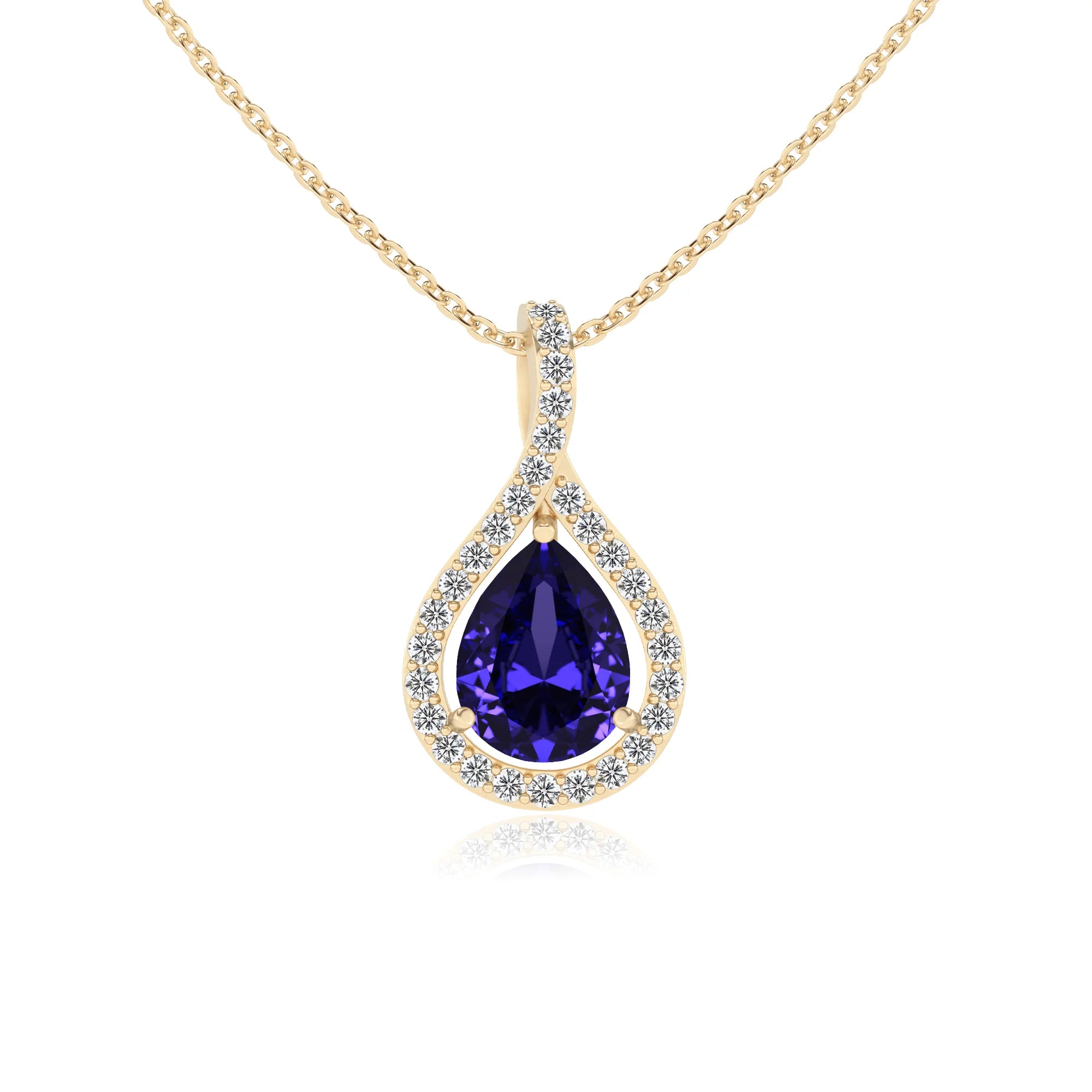lab grown tanzanite pear solitaire necklaces in yellow gold