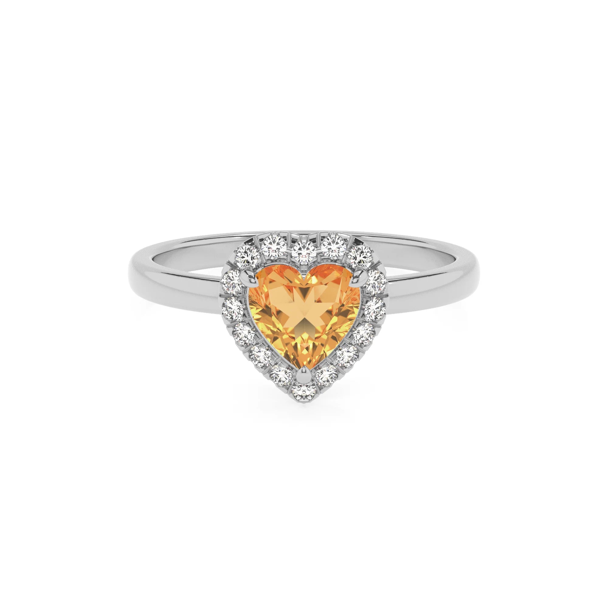 lab grown citrine heart solitaire rings in white gold