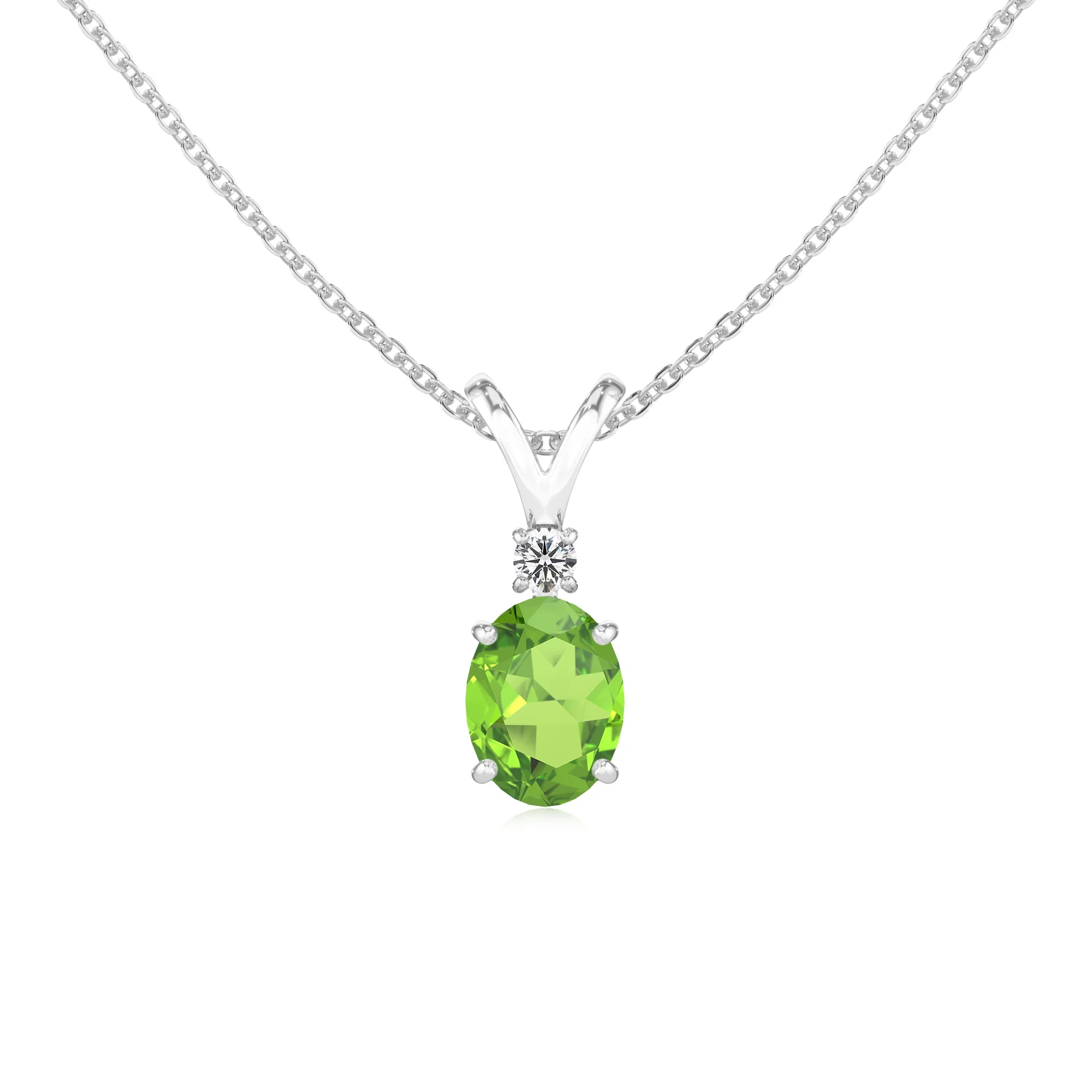 natural peridot oval solitaire v-bale necklaces in white gold