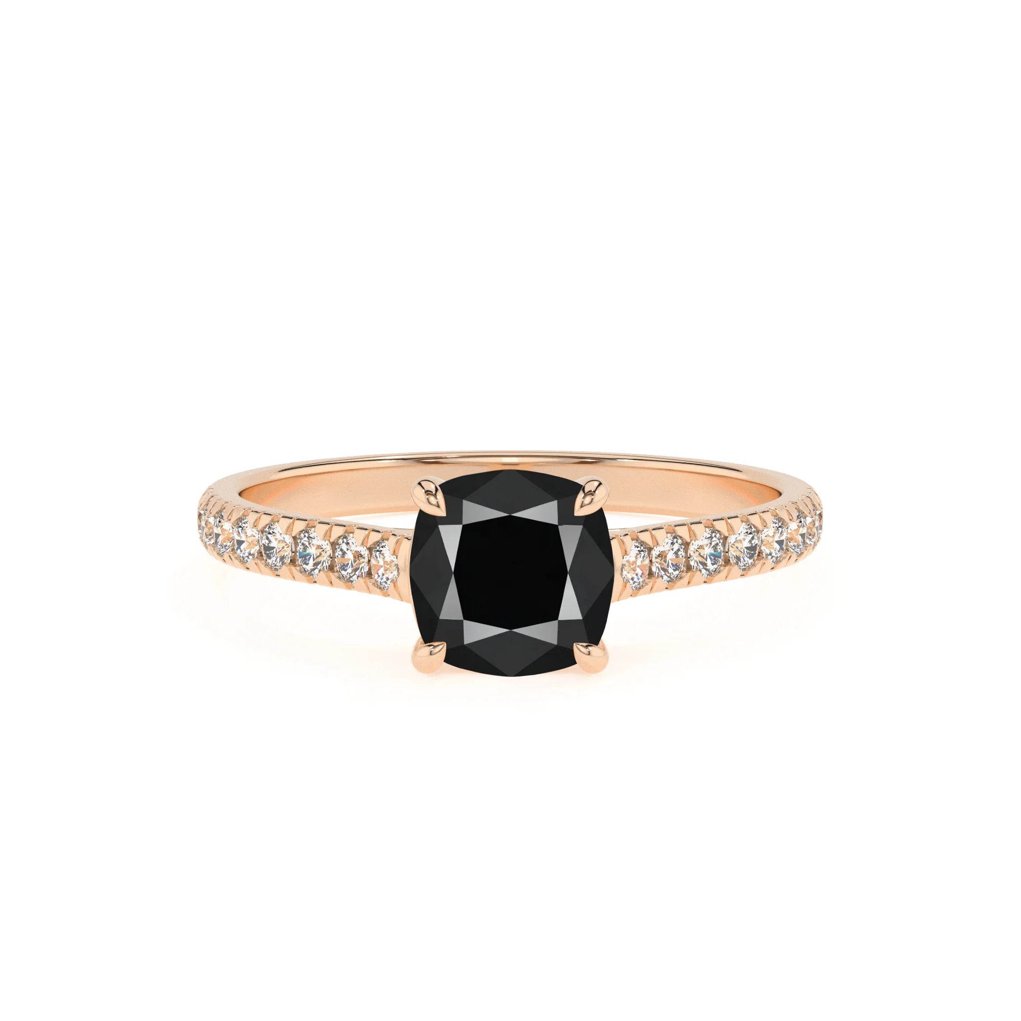 natural black-onyx cushion half eternity solitaire engagement rings in rose gold