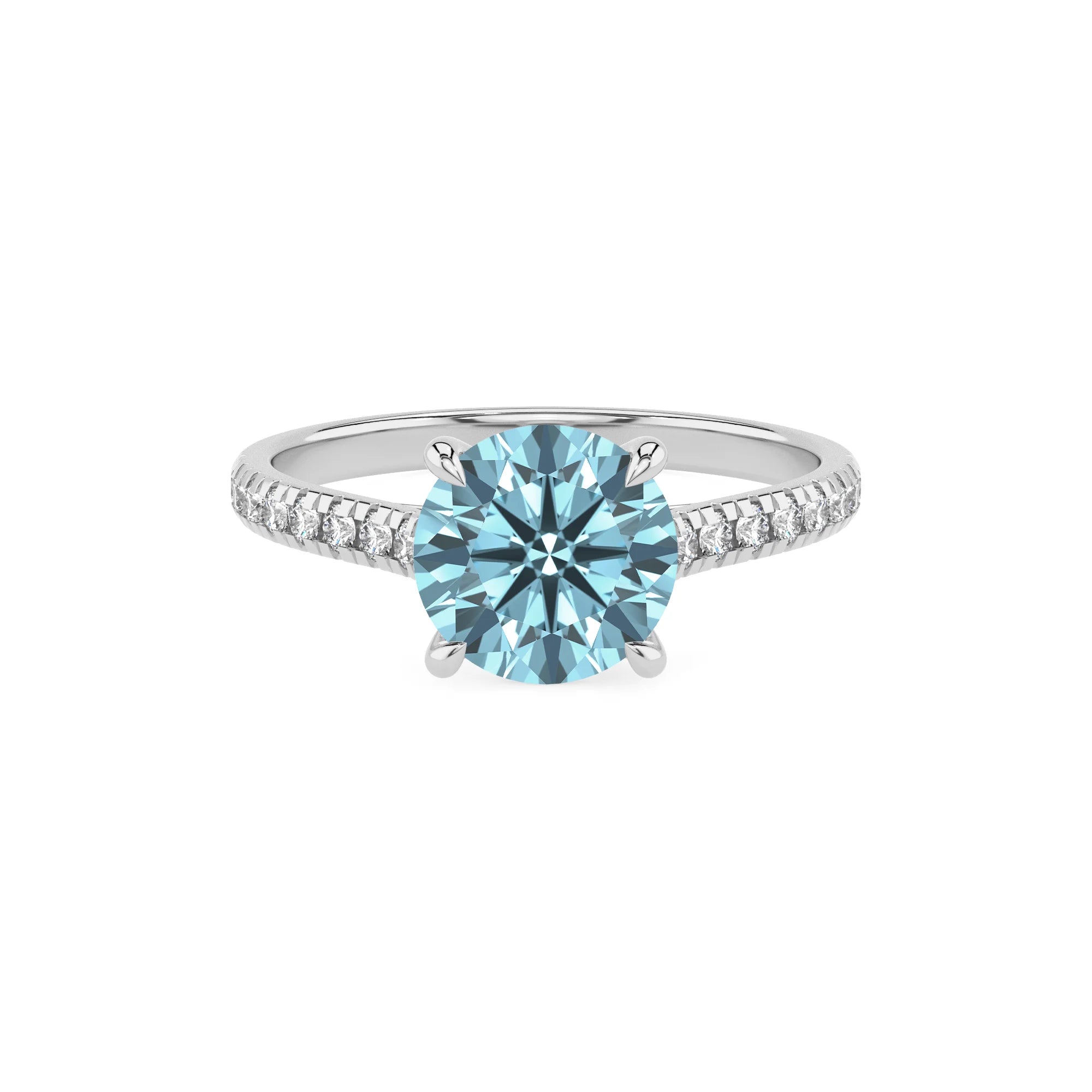 lab grown aquamarine round half eternity solitaire engagement rings in white gold