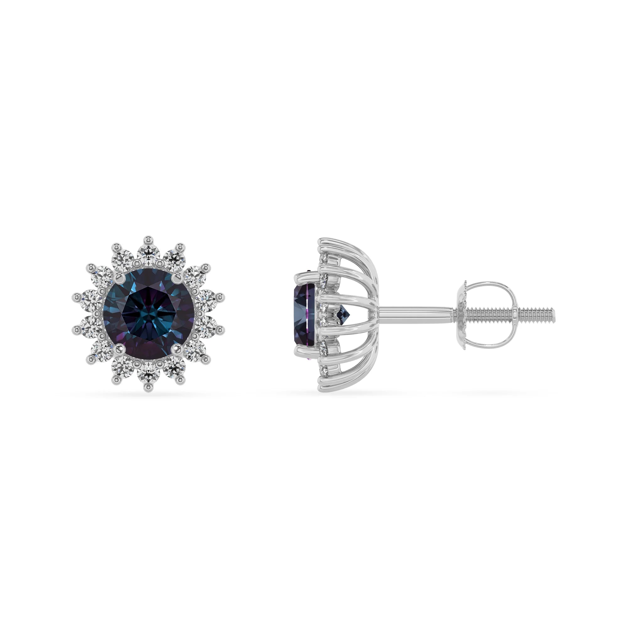 lab grown alexandrite round stud earrings in sterling silver