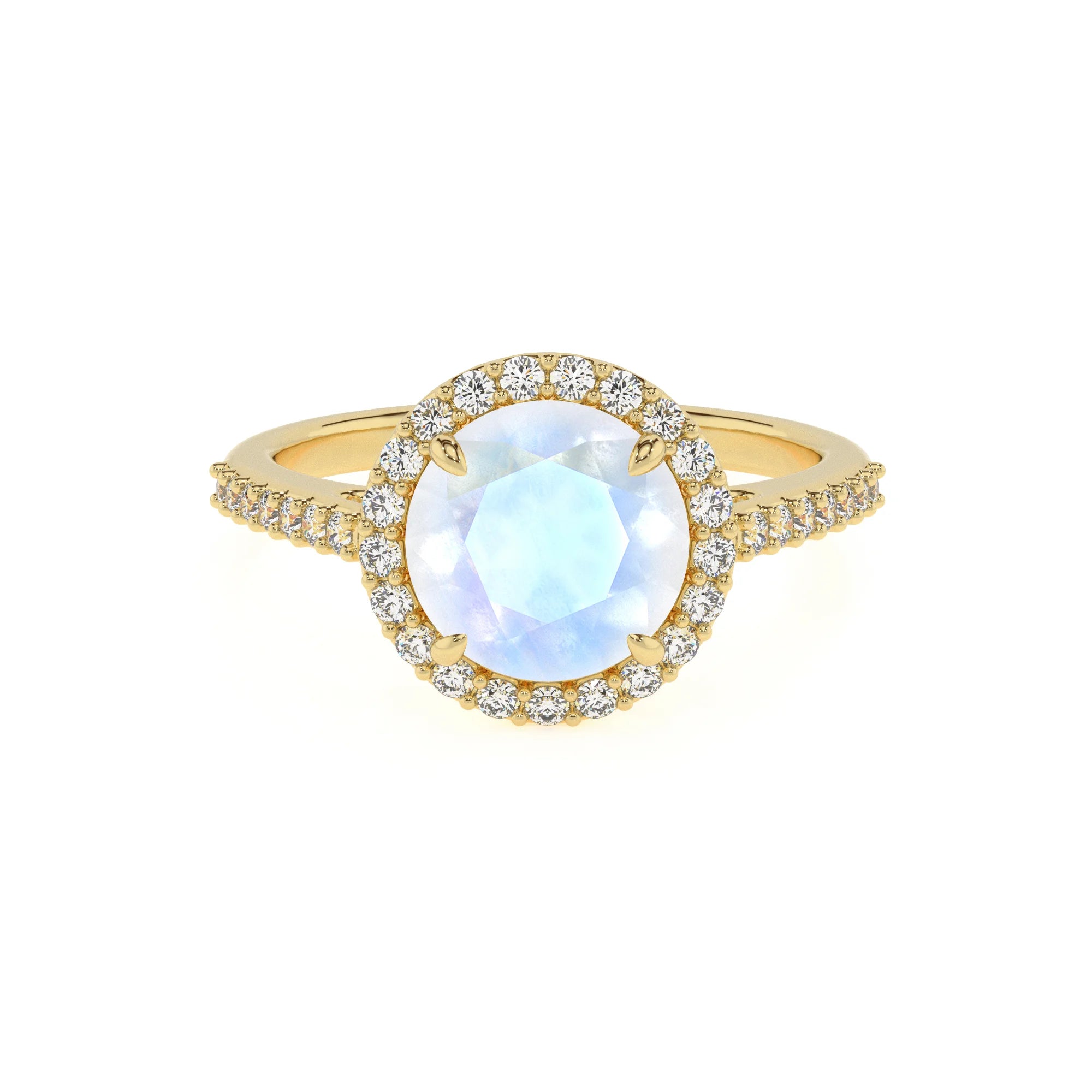 natural rainbow-moonstone round solitaire rings in yellow gold