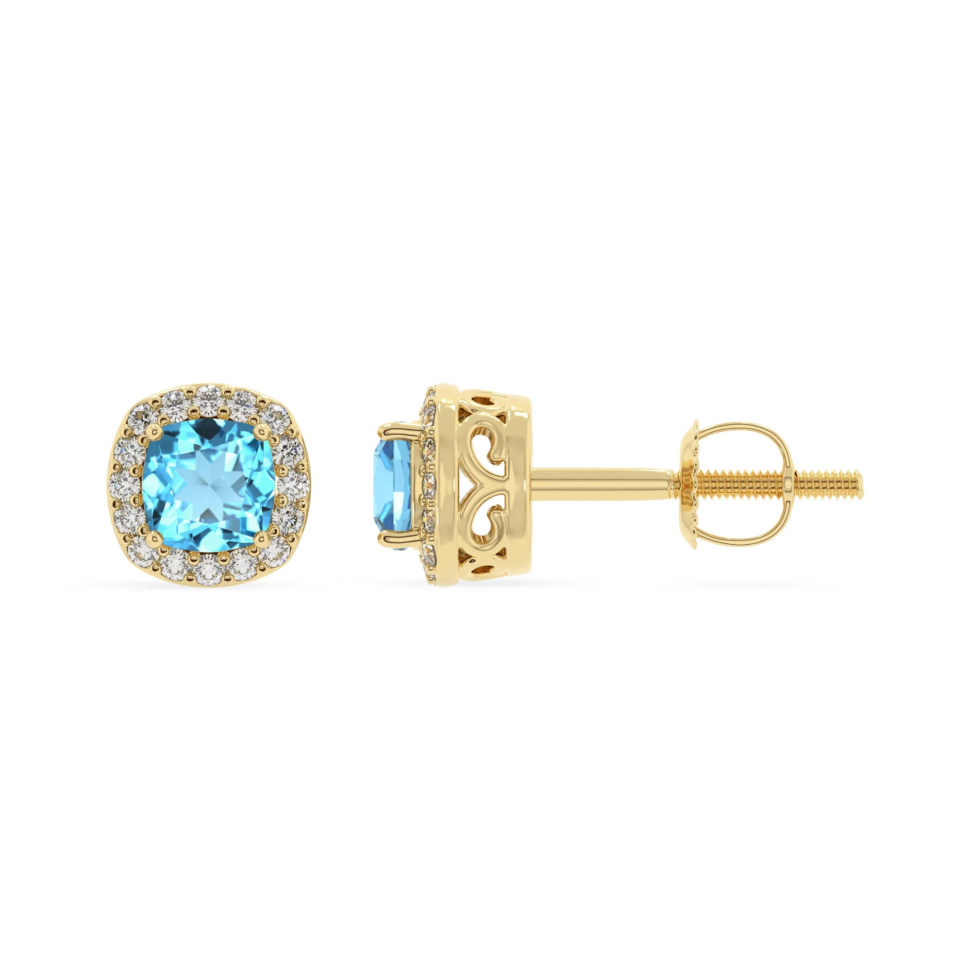 natural swiss blue topaz cushion stud earrings in yellow gold