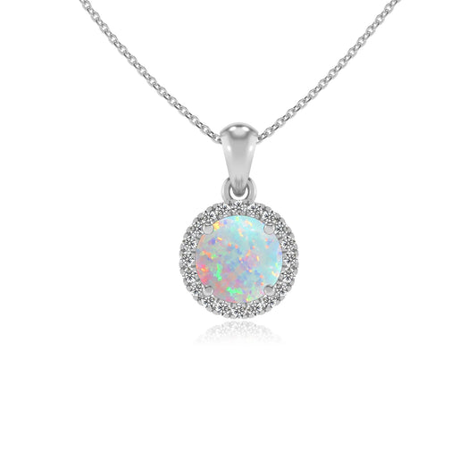 lab grown opal round solitaire necklaces in sterling silver