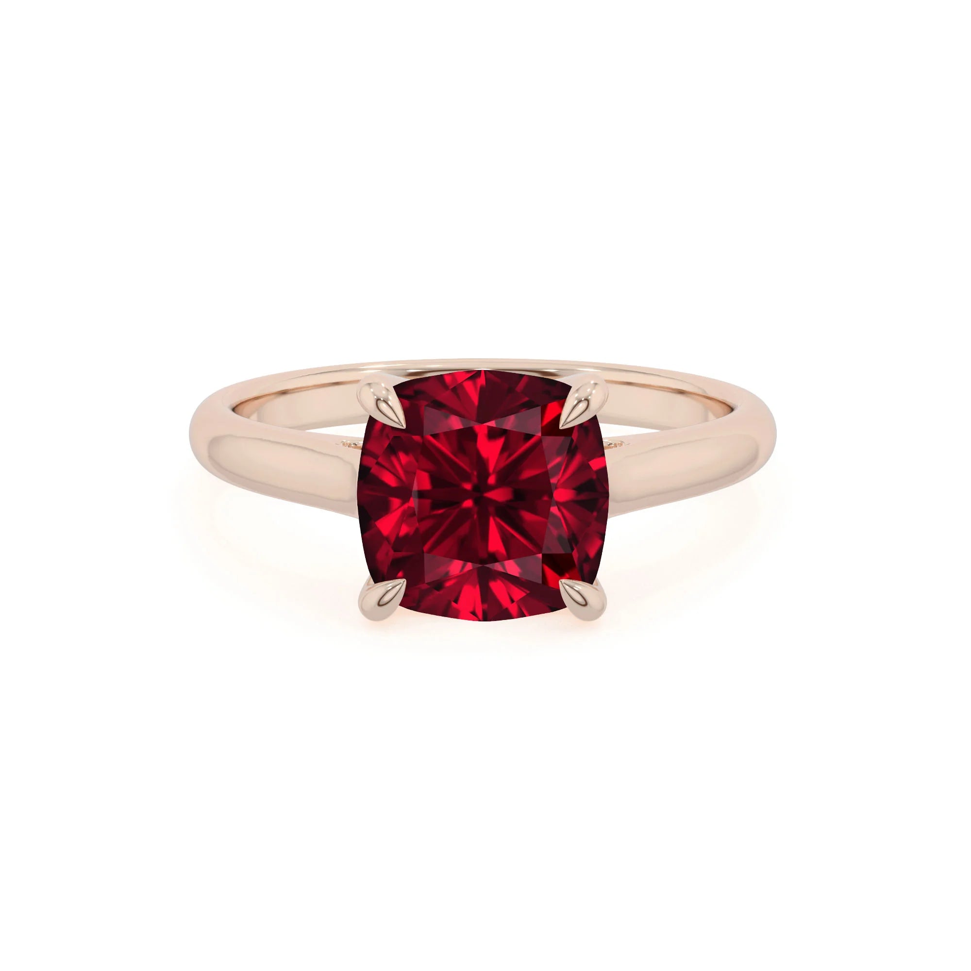 lab grown ruby cushion solitaire rings in rose gold