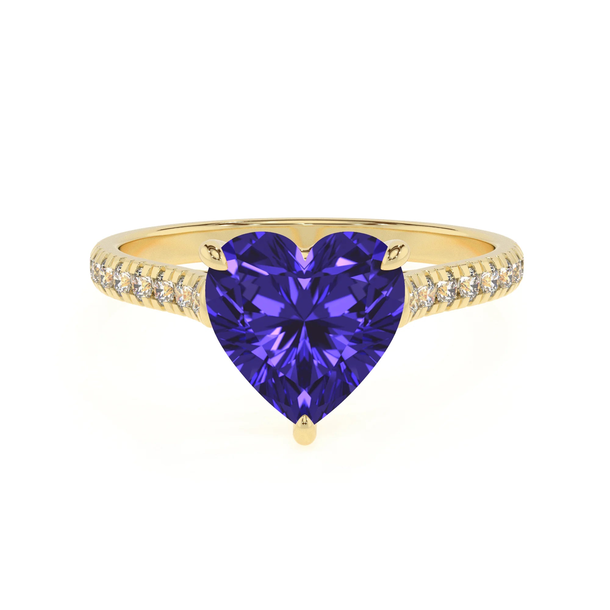 lab grown tanzanite heart half eternity solitaire engagement rings in yellow gold