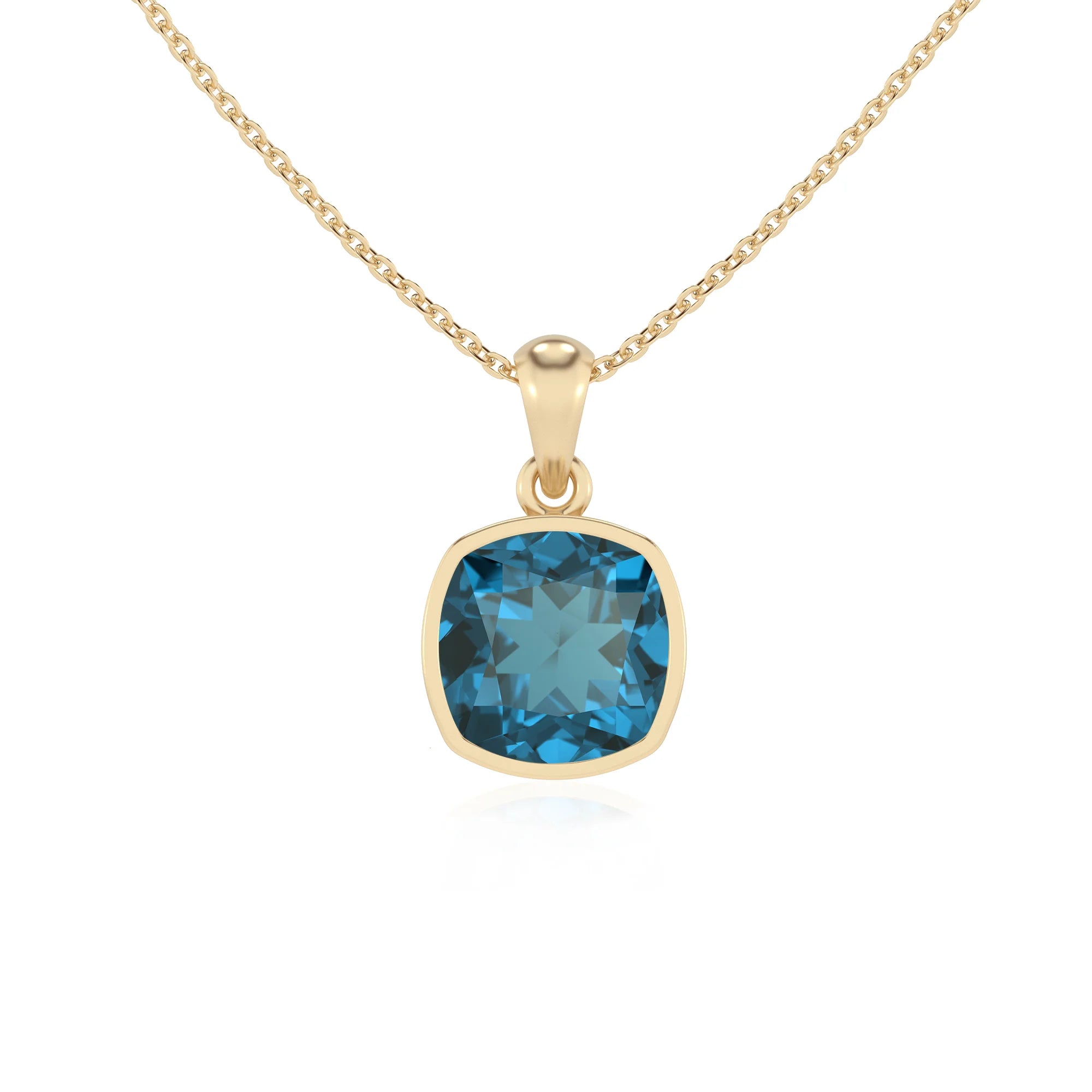 natural london-blue-topaz cushion solitaire necklaces in yellow gold