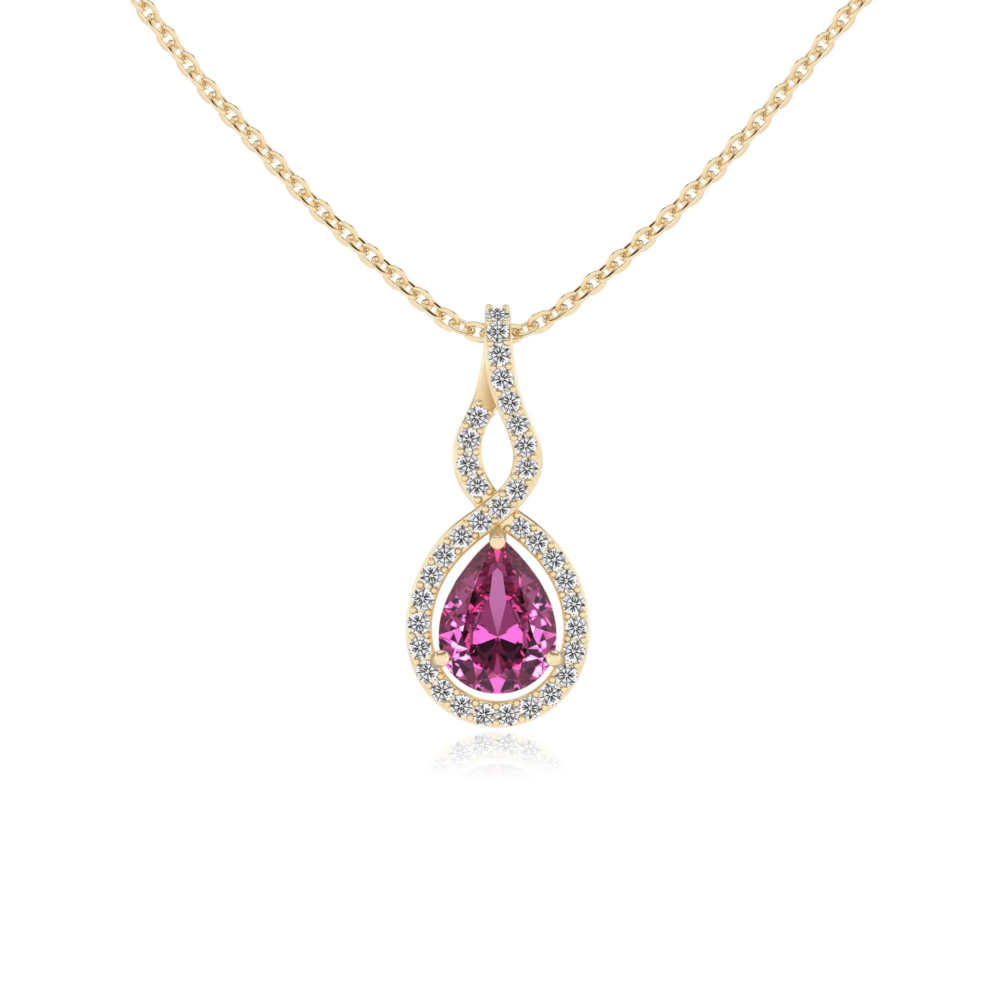 lab grown pink-sapphire pear necklaces in yellow gold