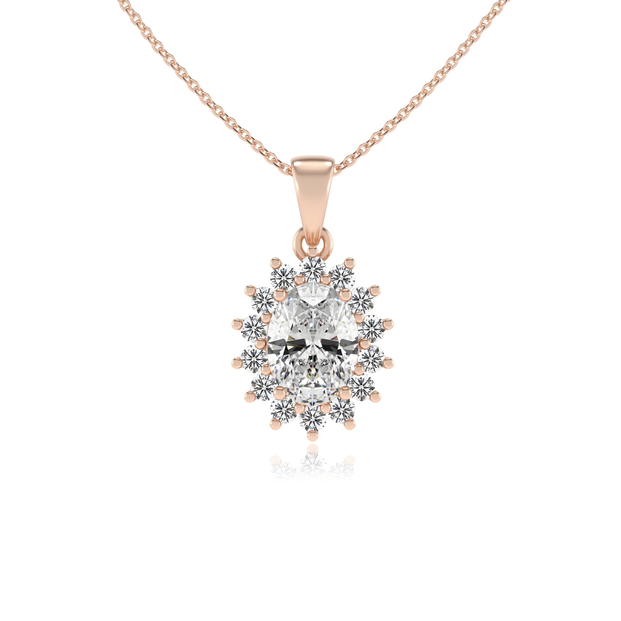 lab grown moissanite oval halo necklaces in rose gold