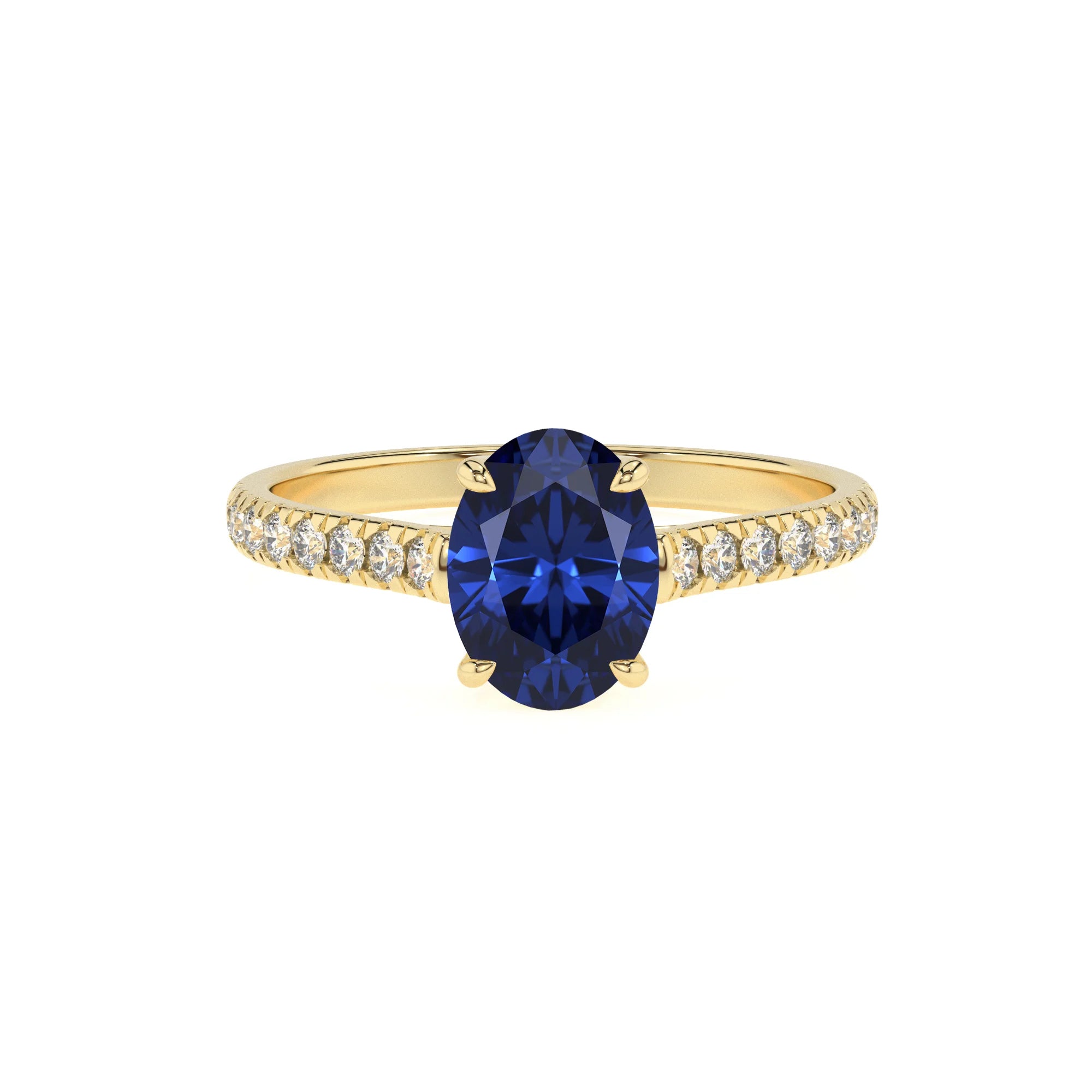 lab grown blue-sapphire oval half eternity solitaire engagement rings in yellow gold