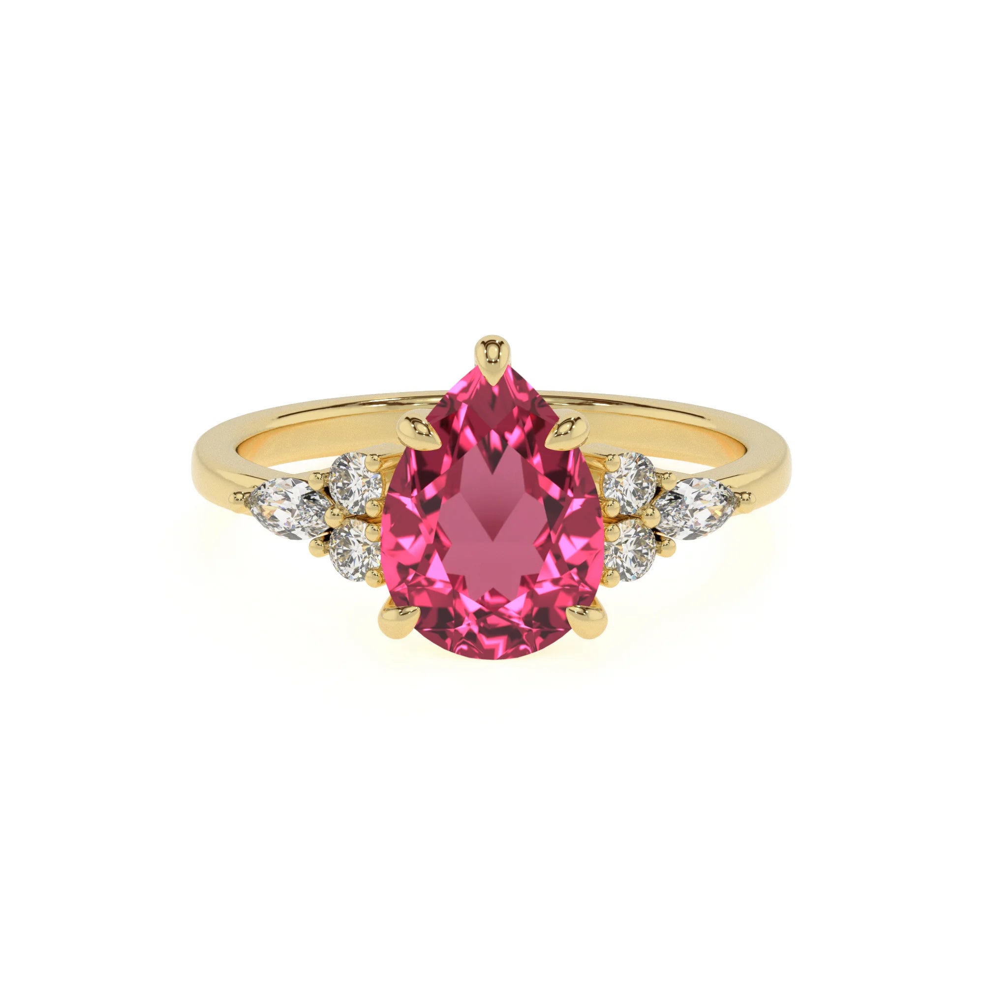 lab grown pink-tourmaline pear solitaire rings in yellow gold