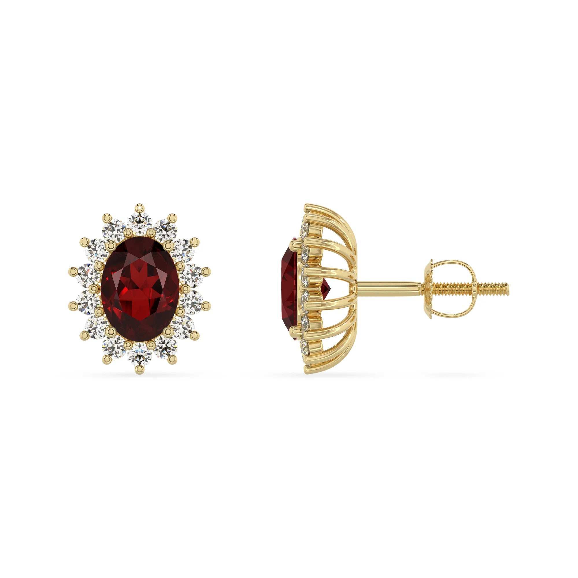 natural garnet oval stud earrings in yellow gold