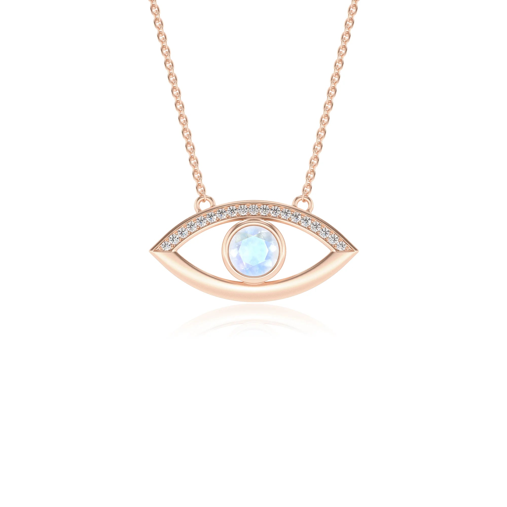 natural rainbow-moonstone round solitaire necklaces in rose gold