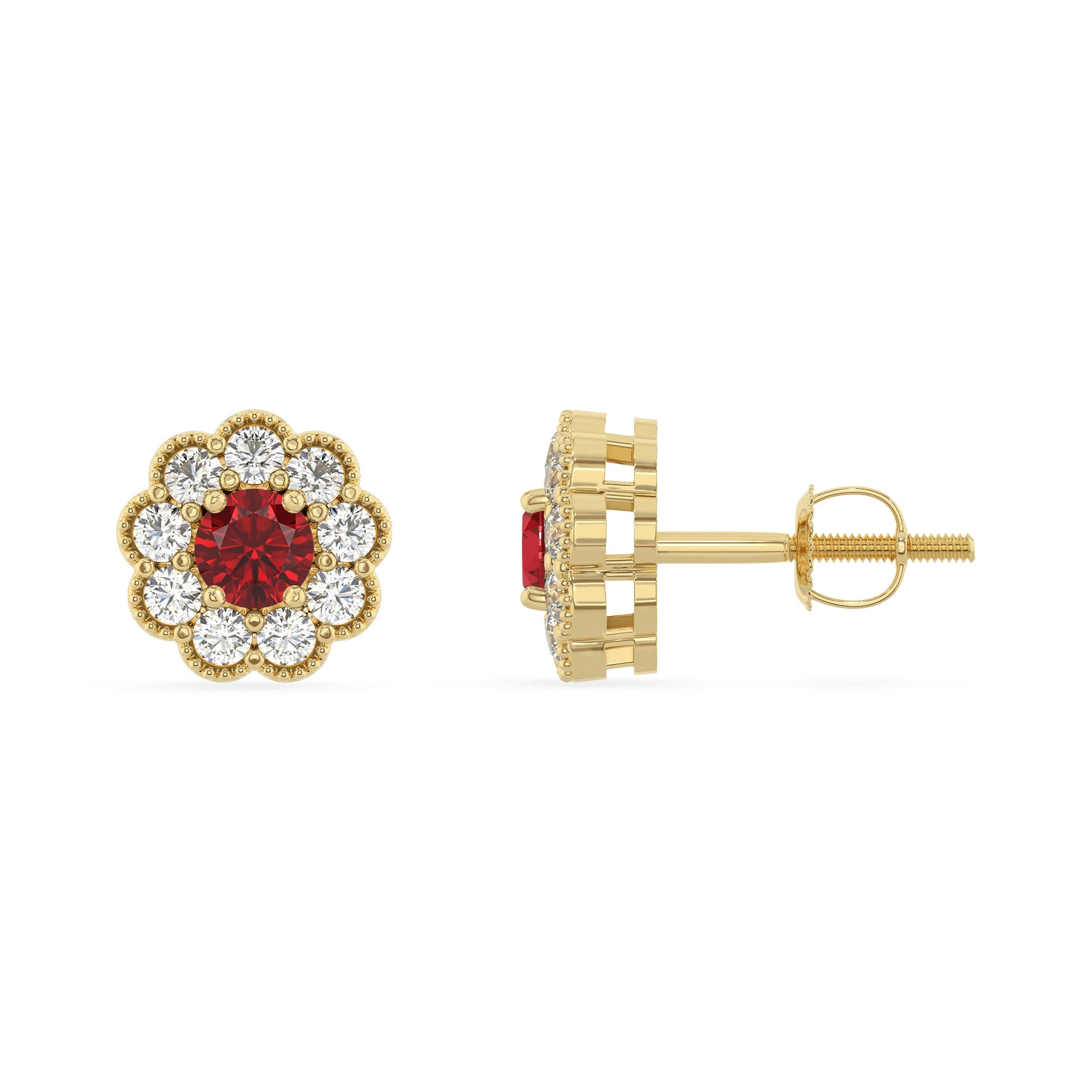 lab grown ruby round stud earrings in yellow gold