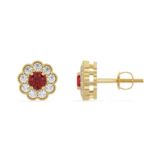 lab grown ruby round stud earrings in yellow gold