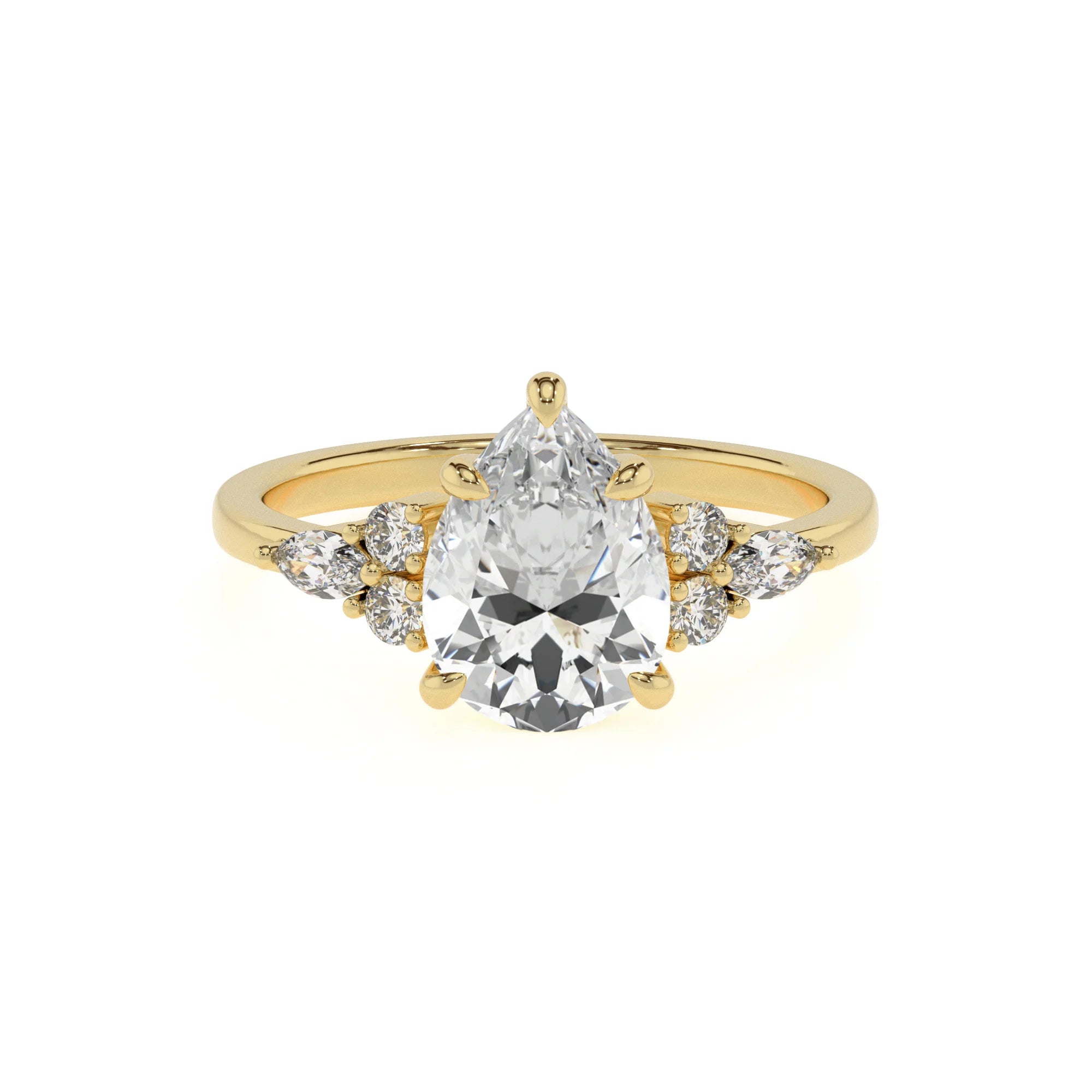 lab grown moissanite pear solitaire rings in yellow gold
