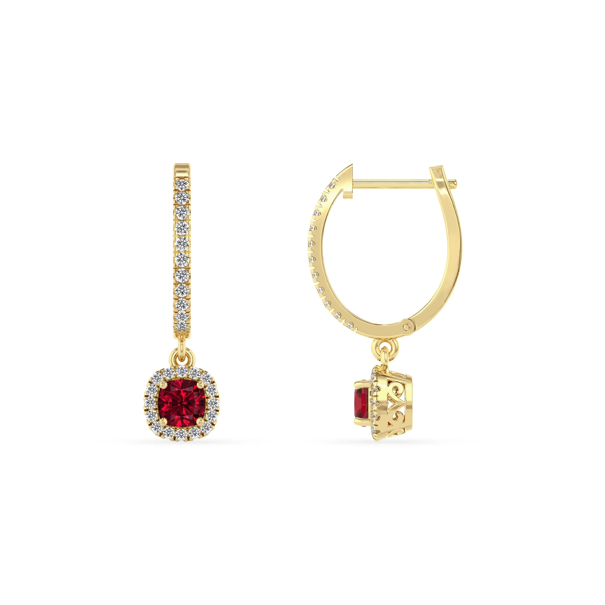 lab grown ruby cushion drop earrings in yellow gold