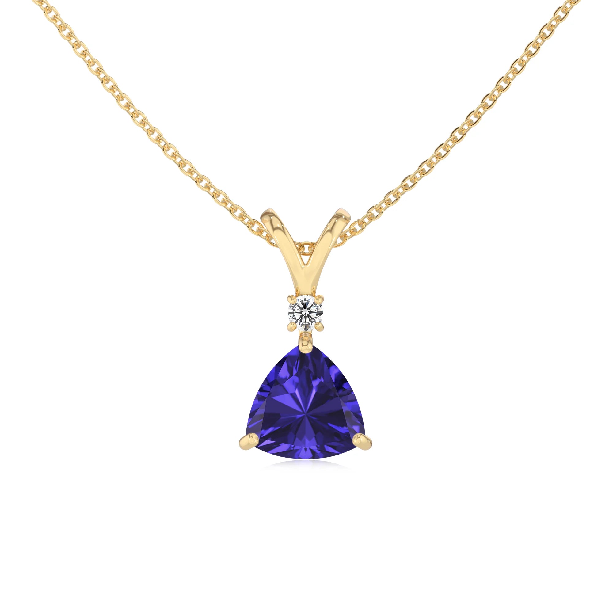 lab grown tanzanite trillion solitaire v-bale necklaces in yellow gold