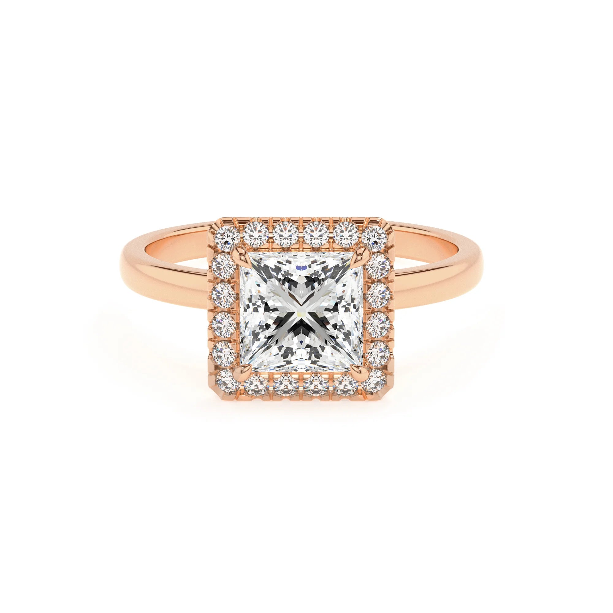lab grown moissanite princess solitaire rings in rose gold