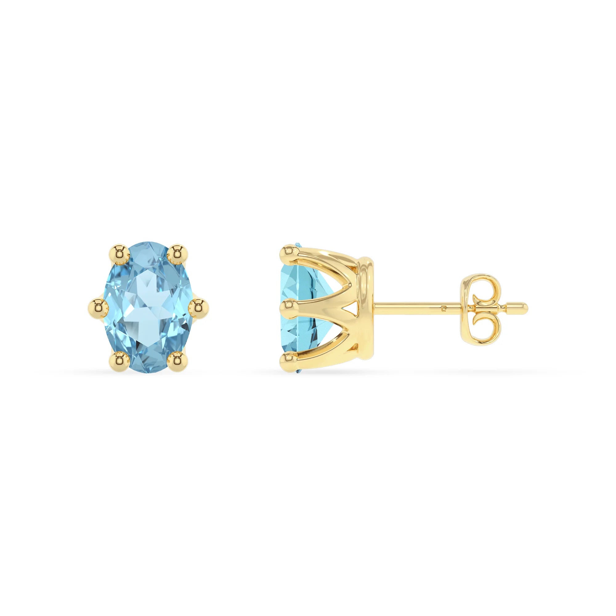 lab grown aquamarine oval stud earrings in yellow gold