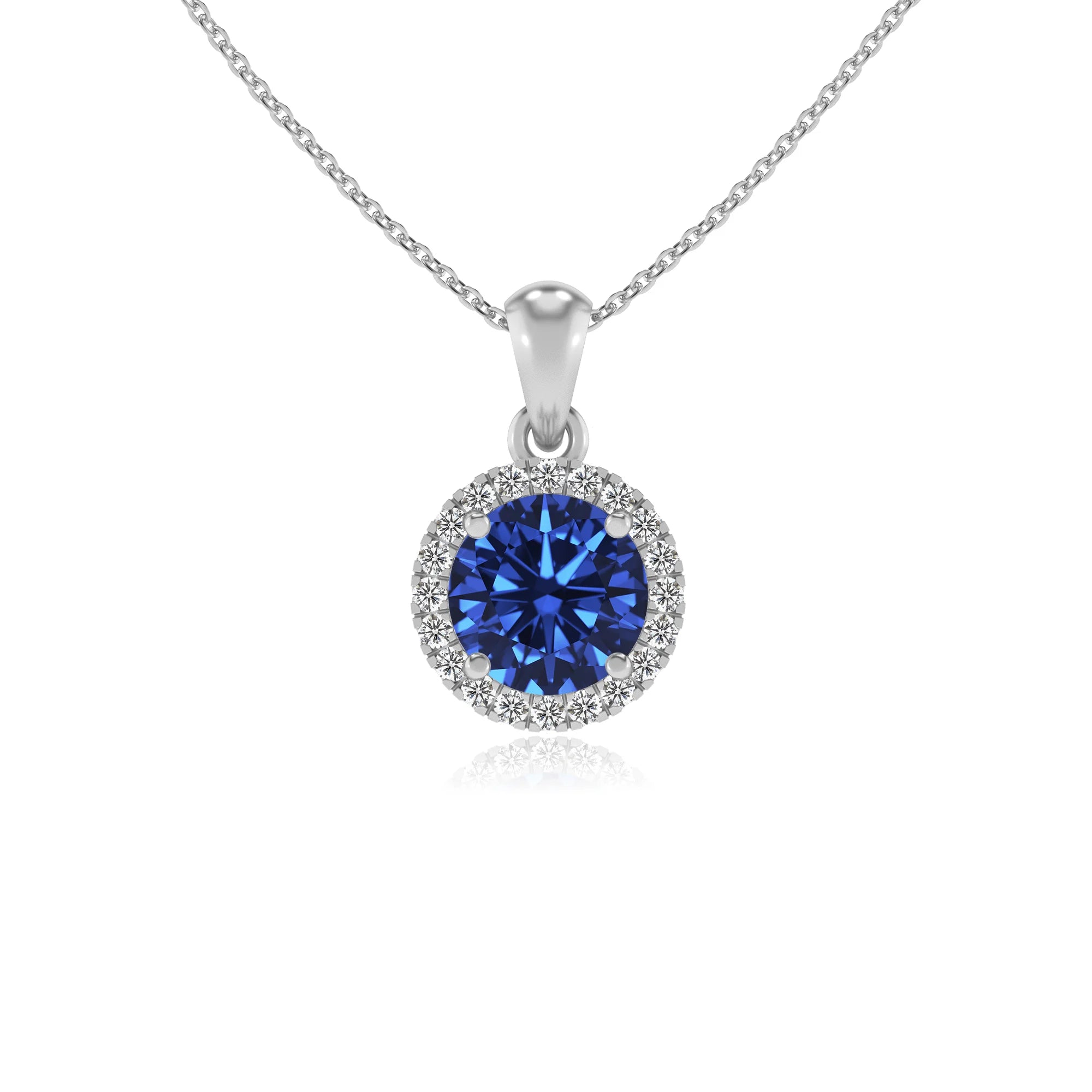 lab grown blue-sapphire round solitaire necklaces in platinum