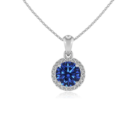 lab grown blue-sapphire round solitaire necklaces in platinum