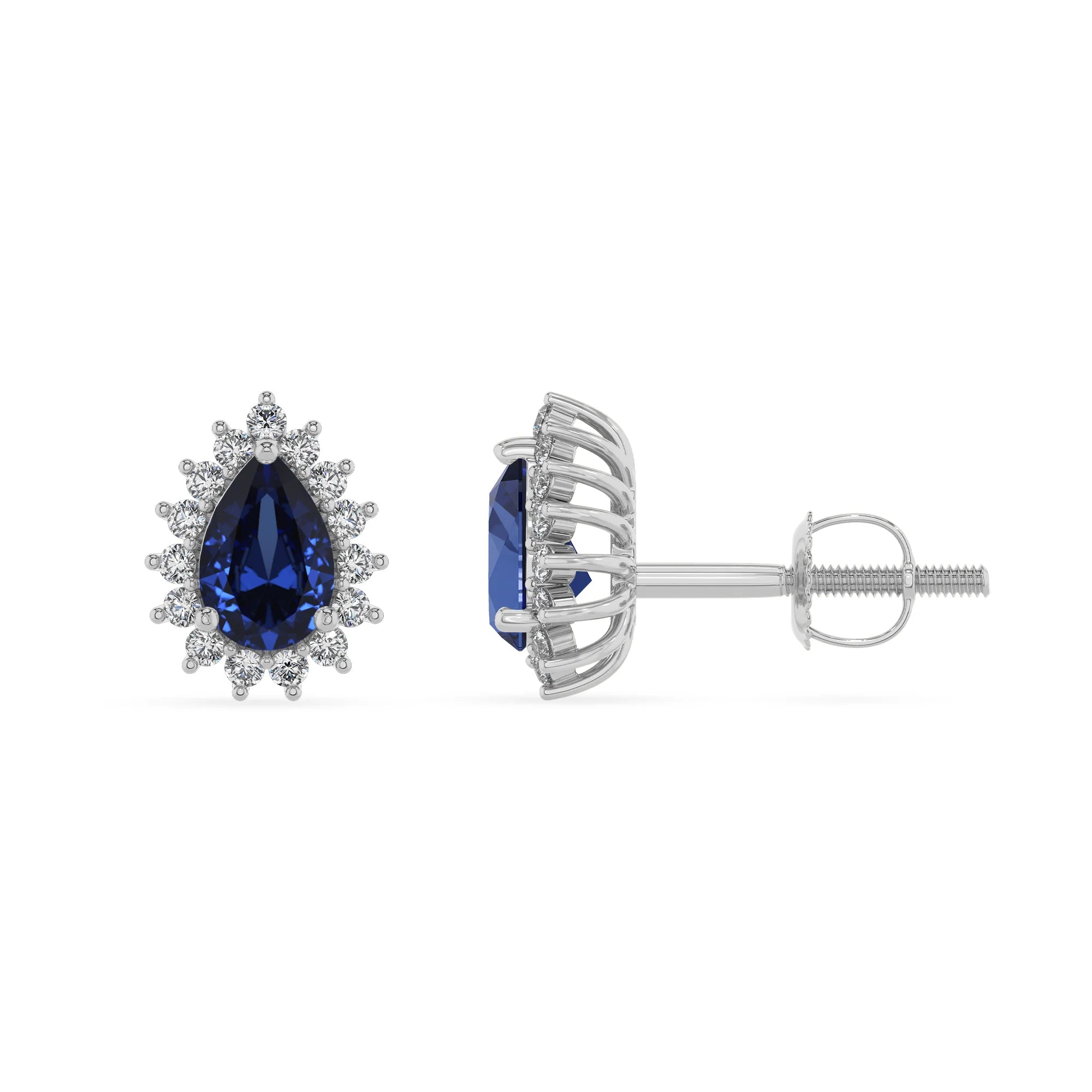 lab grown blue sapphire pear stud earrings in white gold