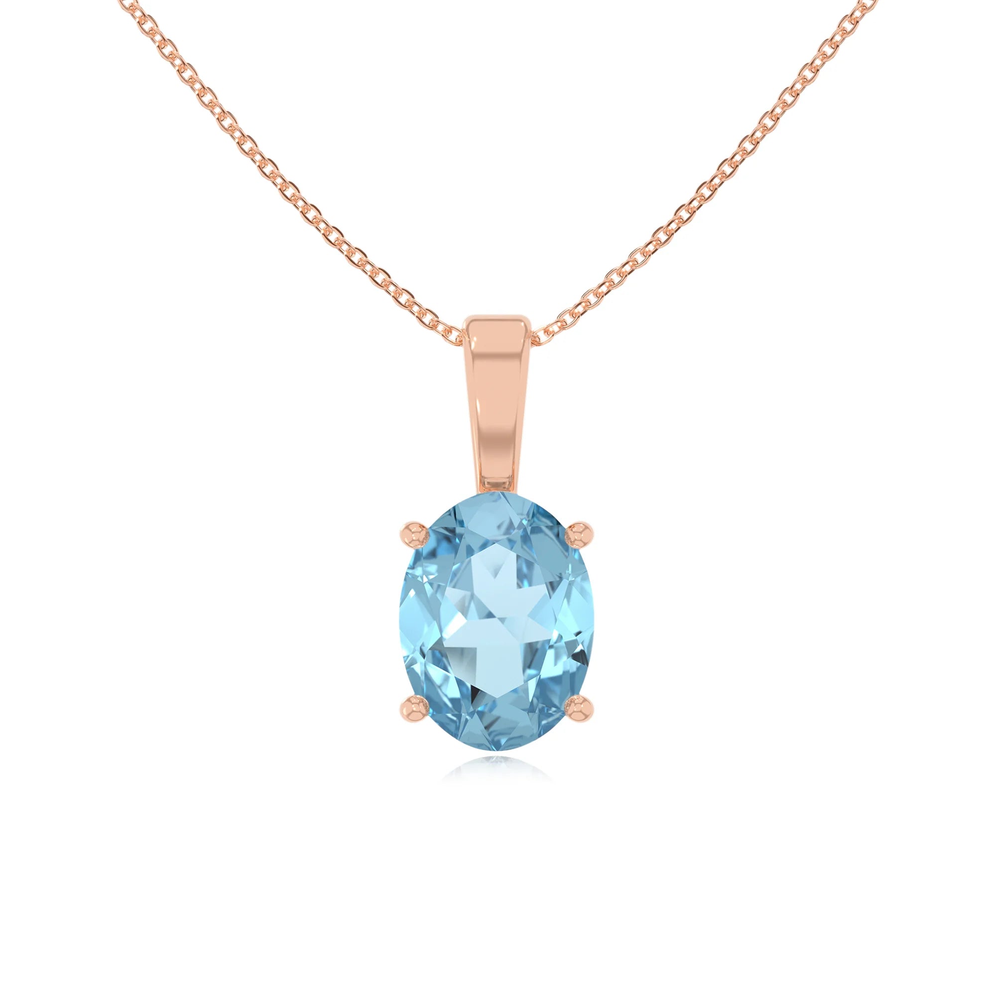 lab grown aquamarine oval solitaire necklaces in rose gold