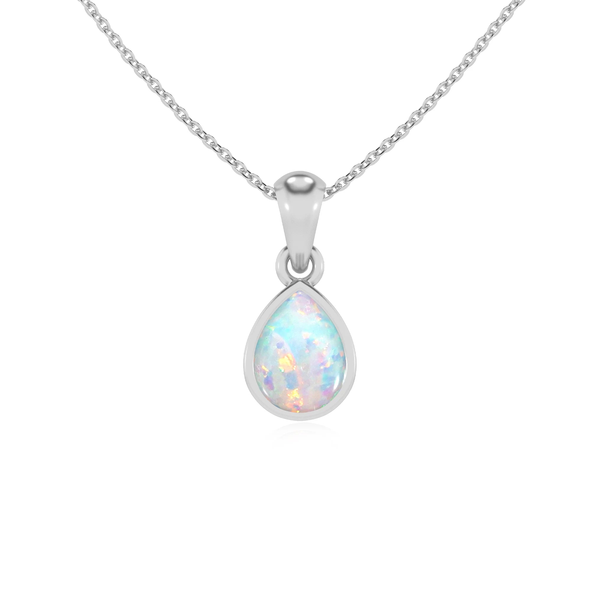 lab grown opal pear solitaire necklaces in white gold