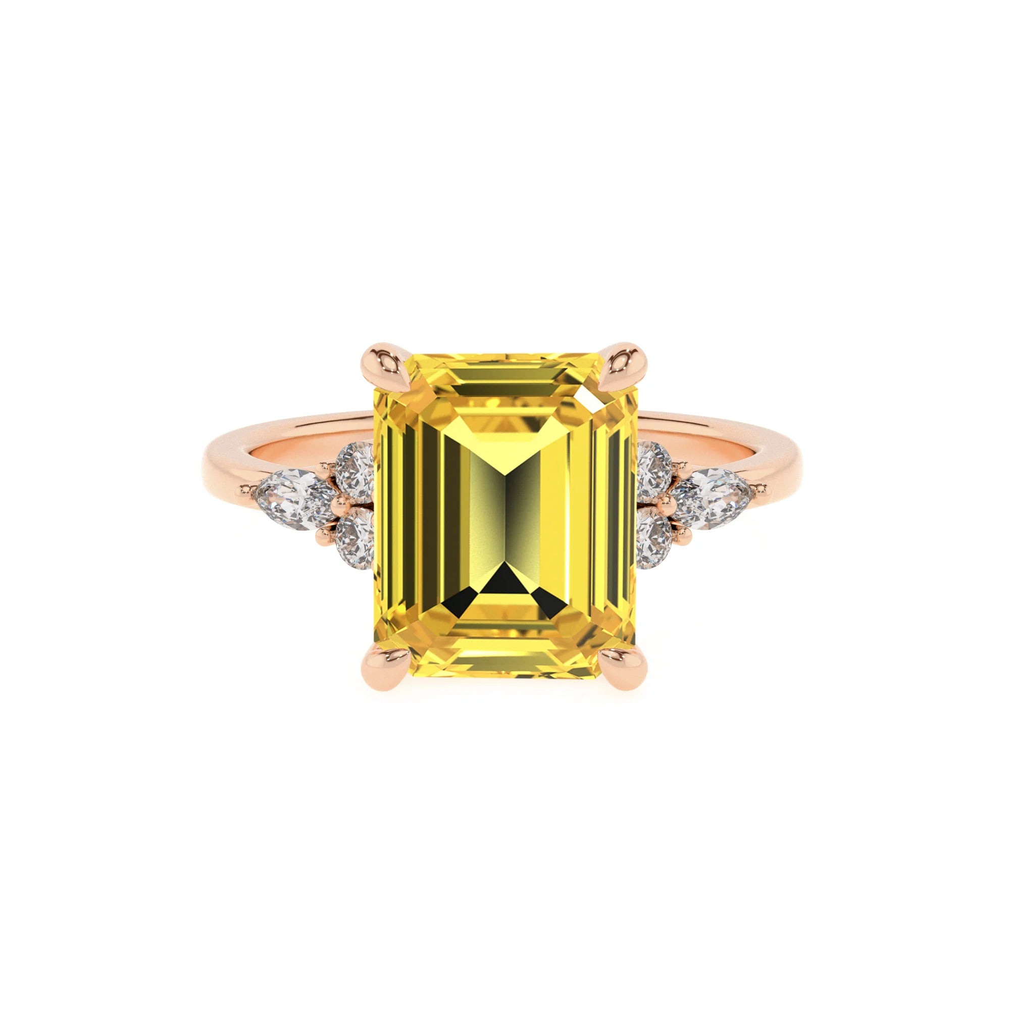 lab grown yellow-sapphire emerald cut solitaire rings in rose gold