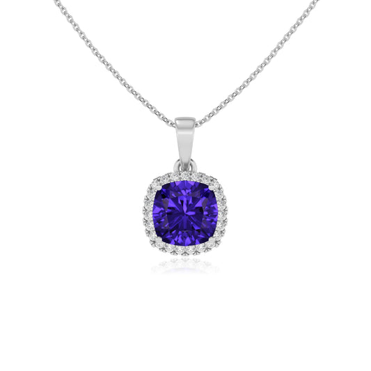 lab grown tanzanite cushion solitaire necklaces in platinum
