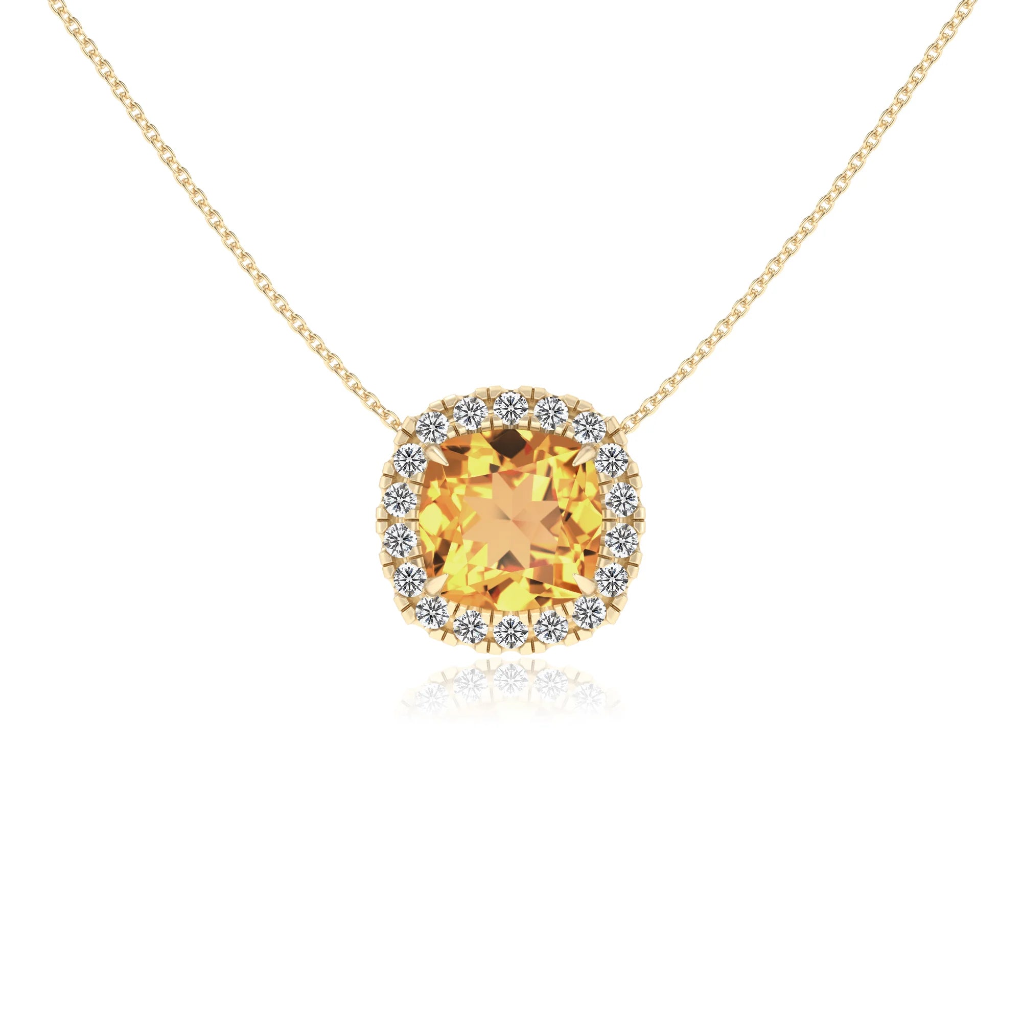 lab grown citrine cushion solitaire necklaces in yellow gold