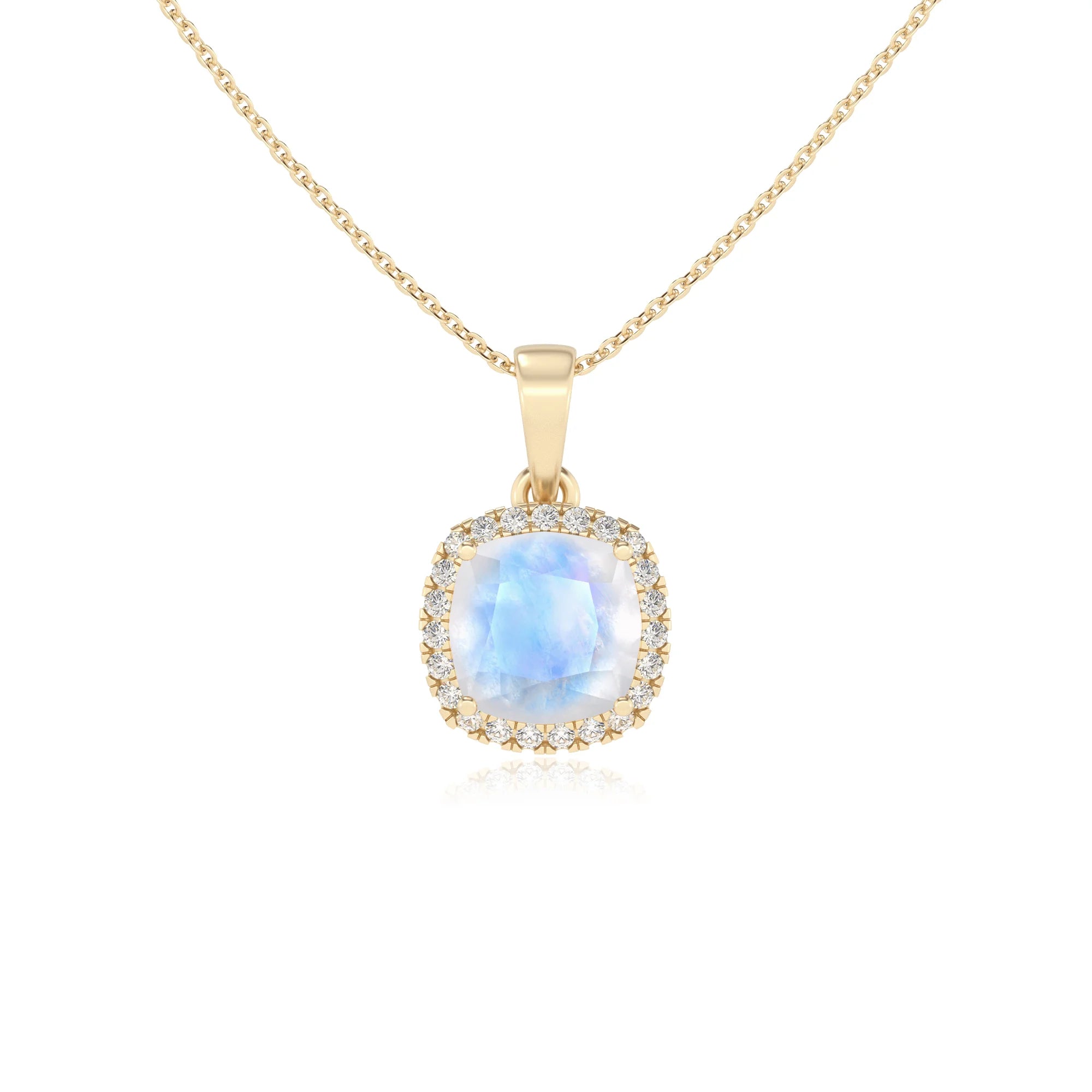 natural rainbow-moonstone cushion solitaire necklaces in yellow gold