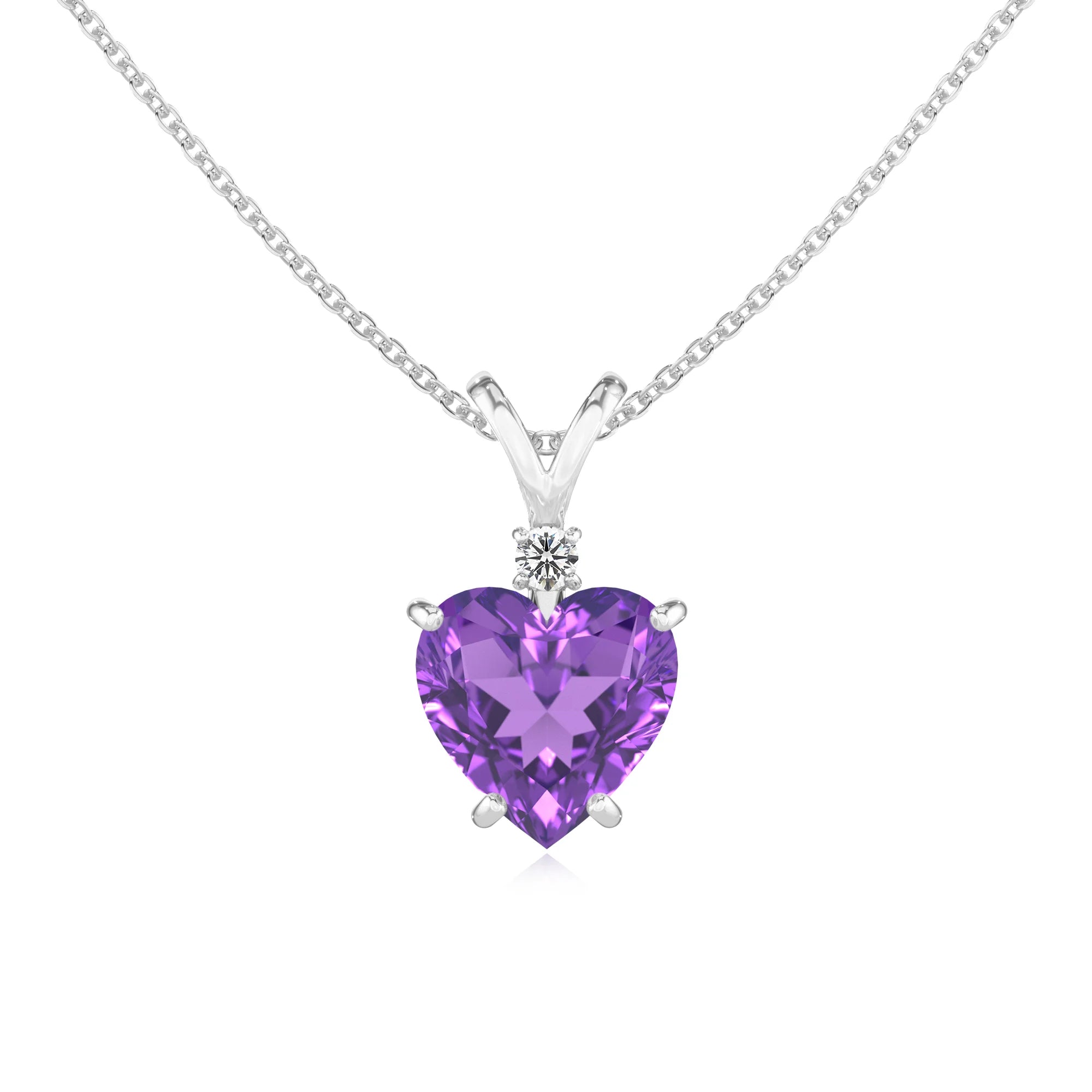 lab grown amethyst heart solitaire v-bale necklaces in platinum