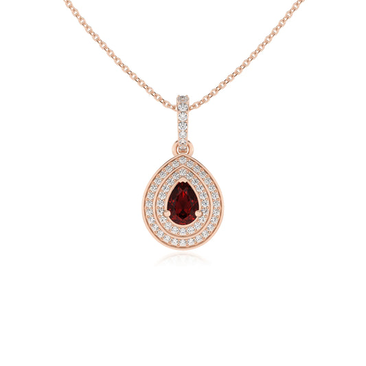 natural garnet pear halo necklaces in rose gold