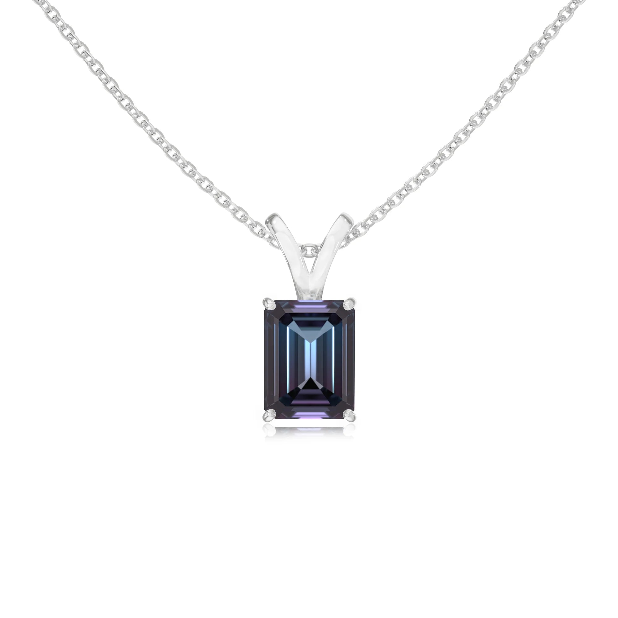 lab grown alexandrite emerald cut solitaire v-bale necklaces in platinum