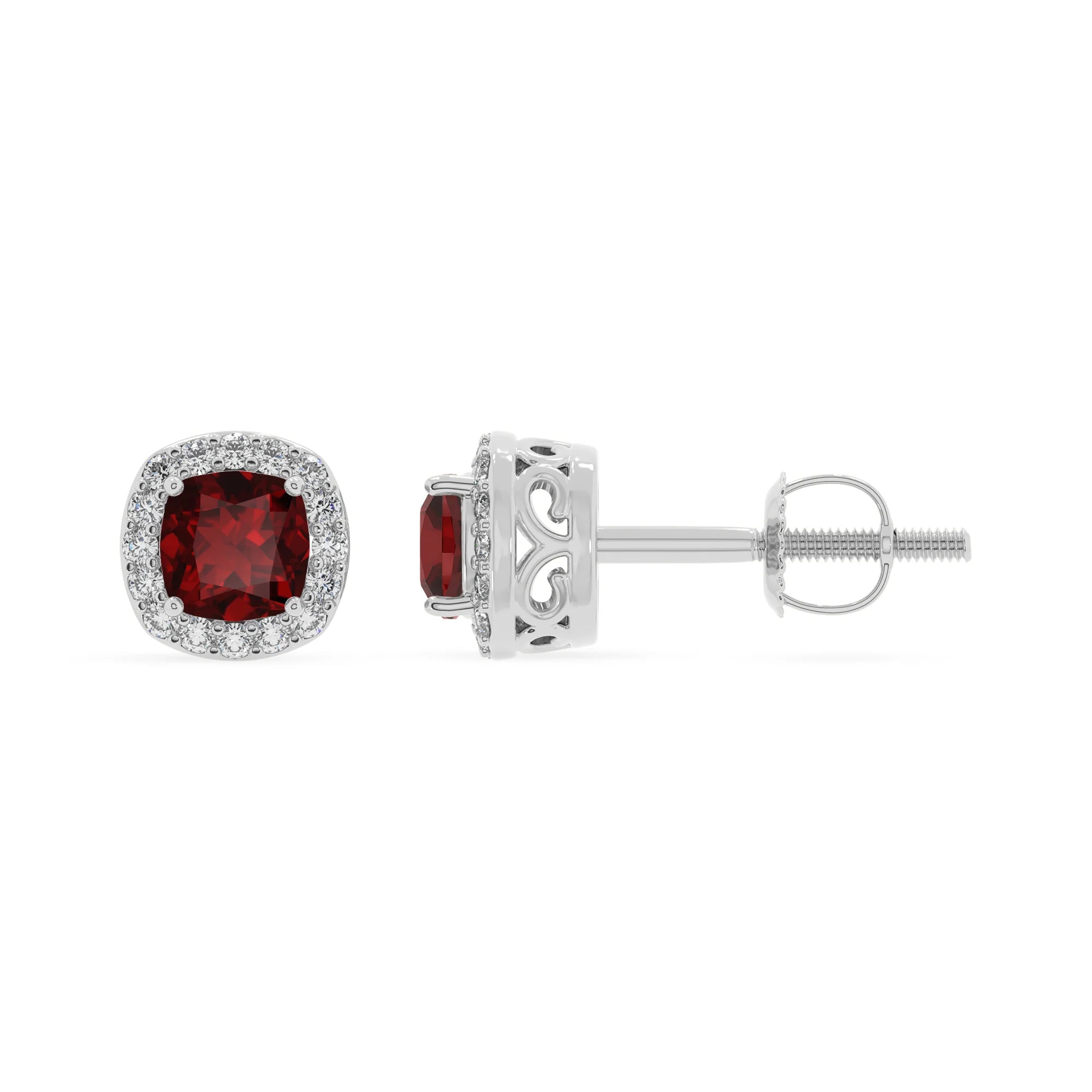 natural garnet cushion stud earrings in platinum