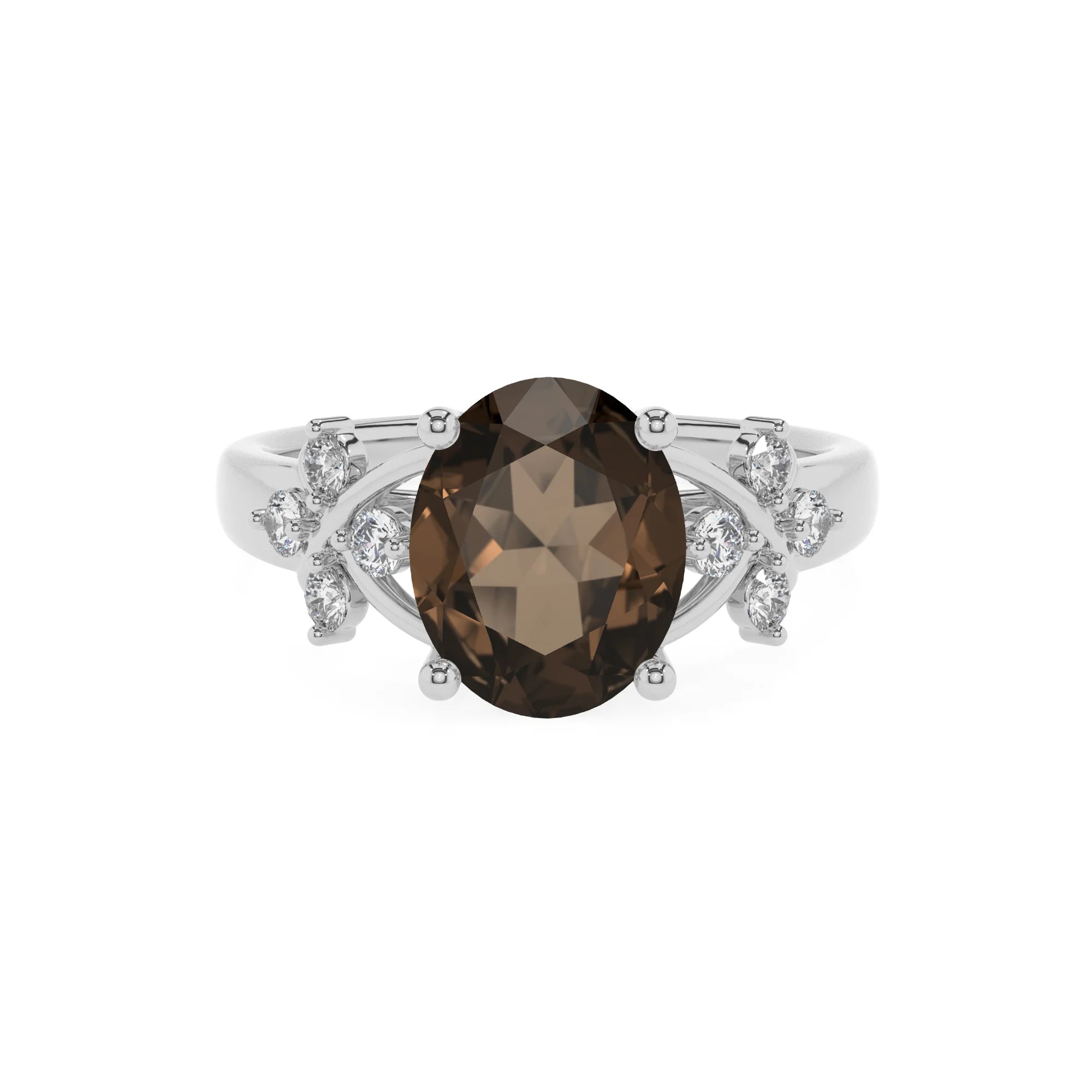 natural smoky-quartz oval solitaire rings in white gold