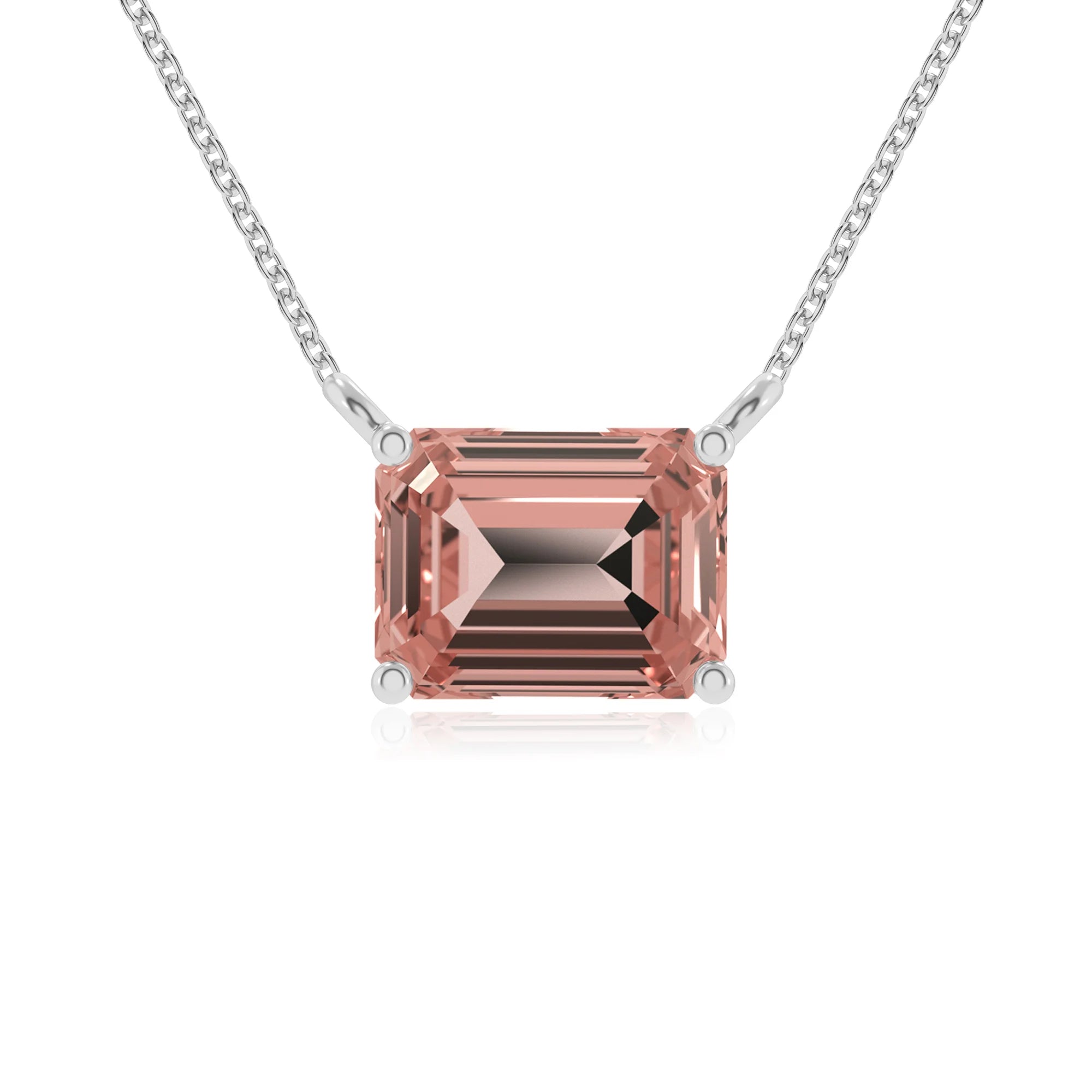 lab grown morganite emerald cut solitaire necklaces in white gold