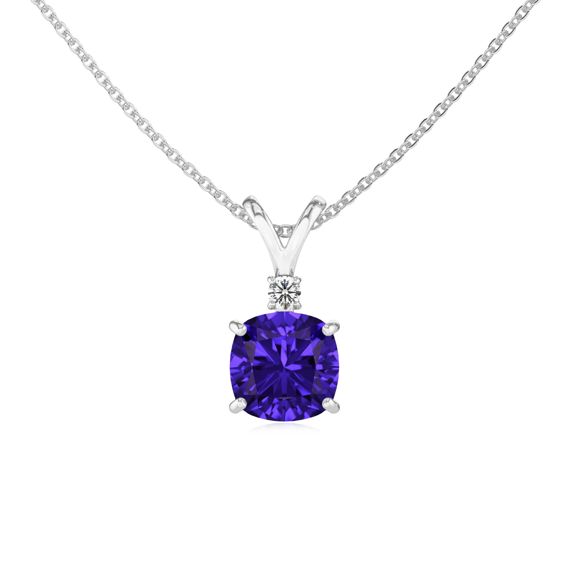 lab grown tanzanite cushion solitaire v-bale necklaces in platinum