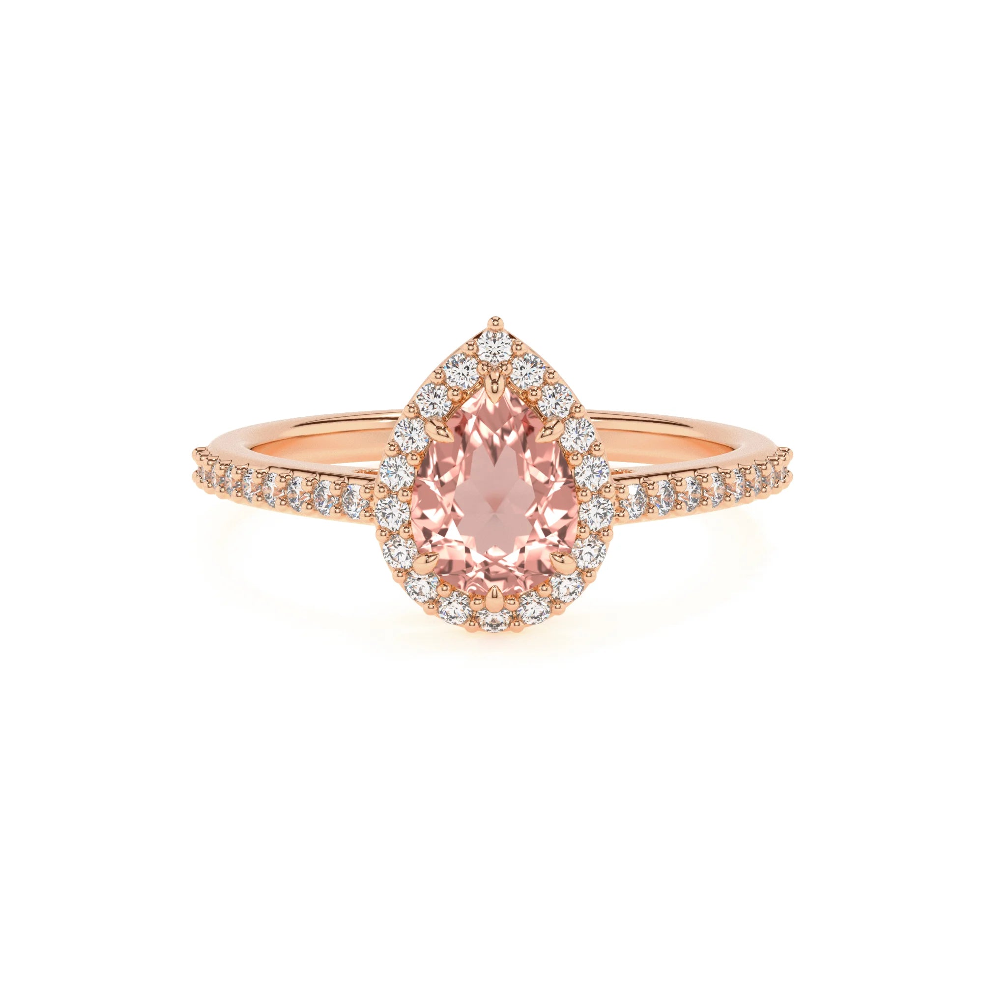 lab grown morganite pear solitaire rings in rose gold