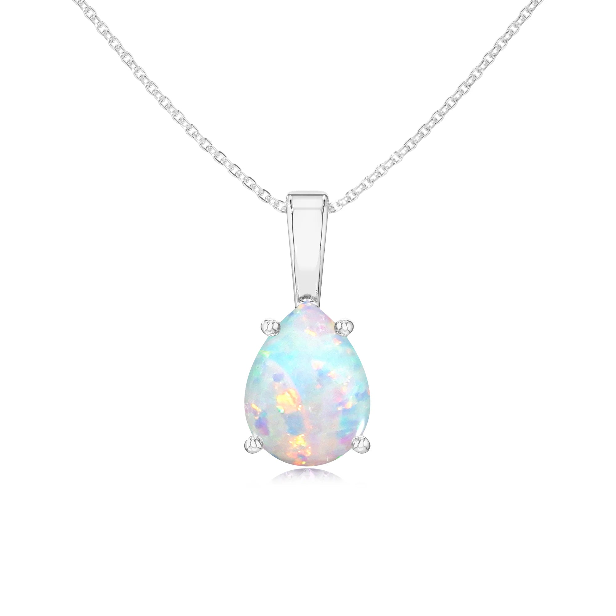 lab grown opal pear solitaire necklaces in platinum