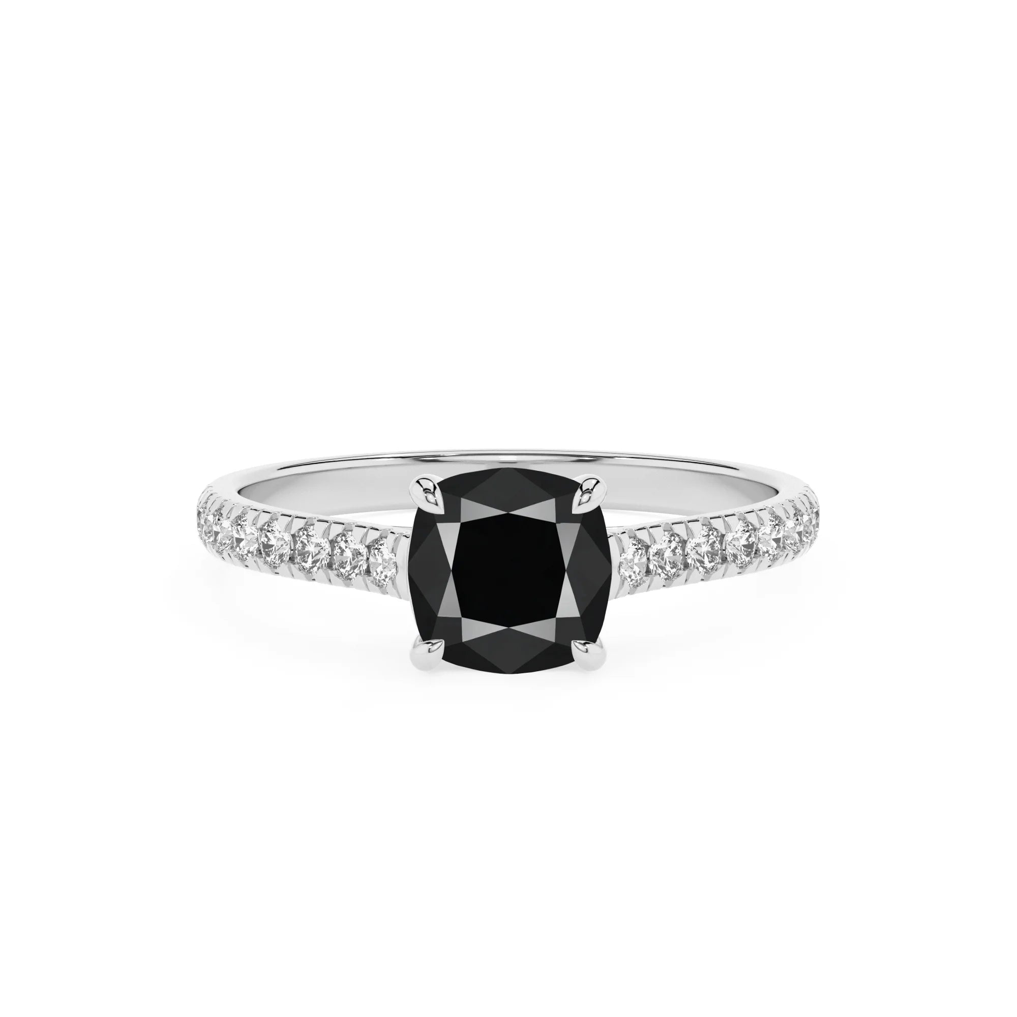 natural black-onyx cushion half eternity solitaire engagement rings in white gold