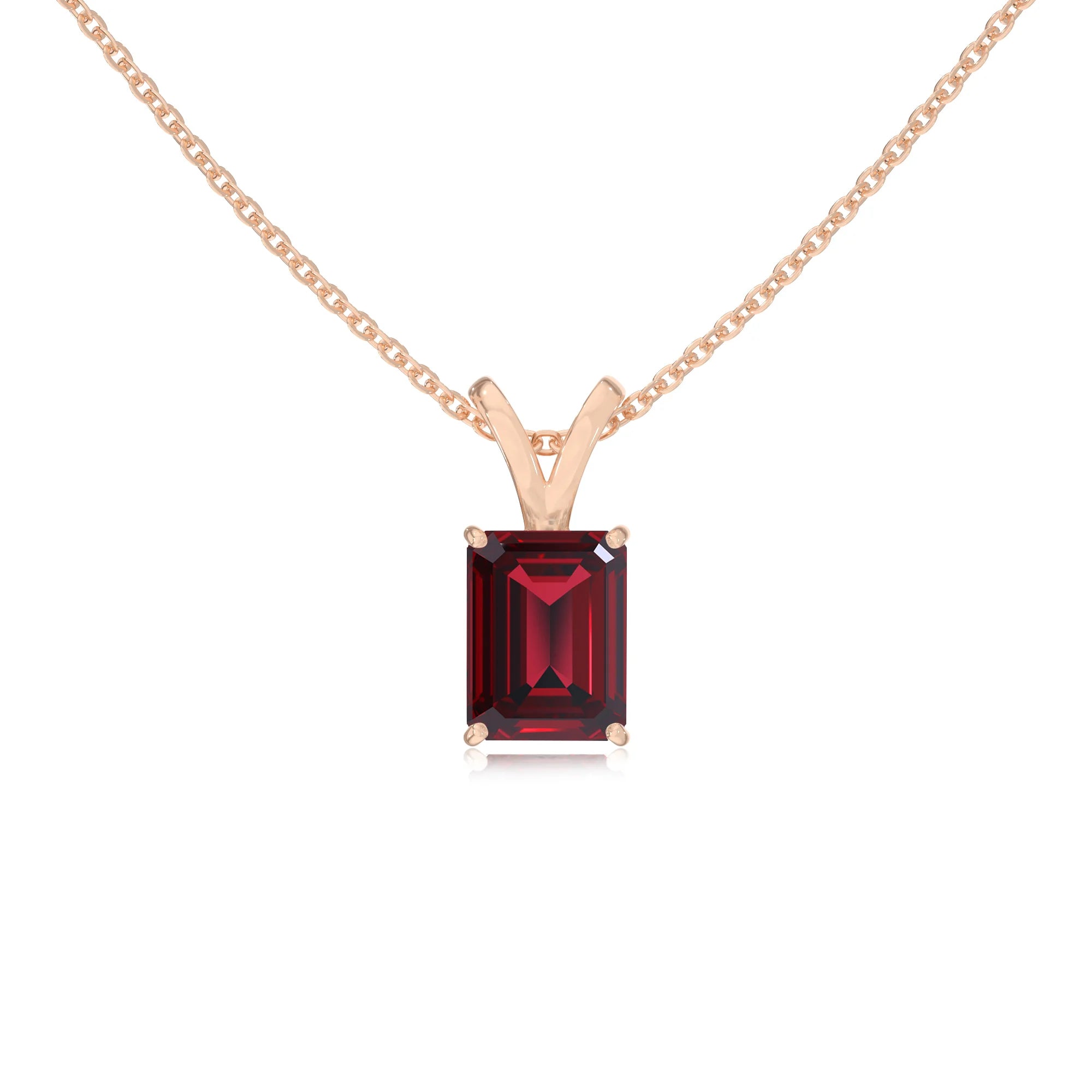 lab grown ruby emerald cut solitaire v-bale necklaces in rose gold