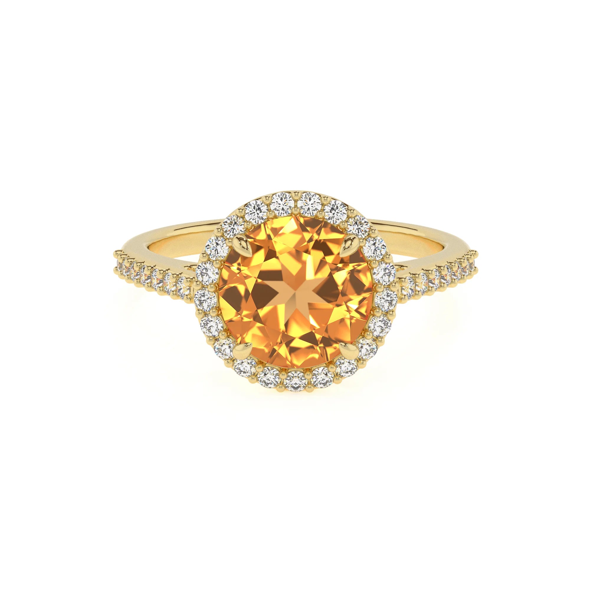 lab grown citrine round solitaire rings in yellow gold