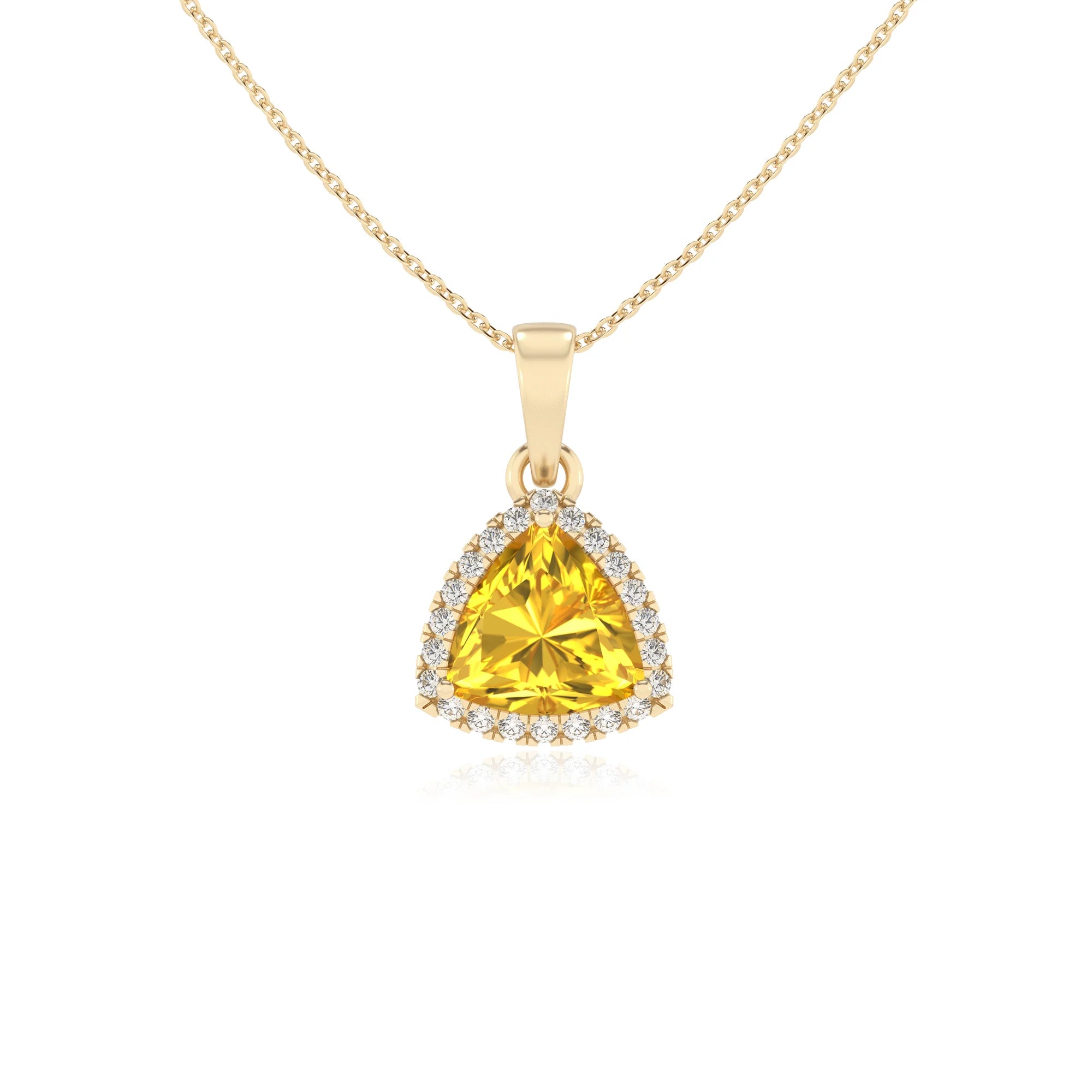 lab grown yellow-sapphire trillion solitaire necklaces in yellow gold