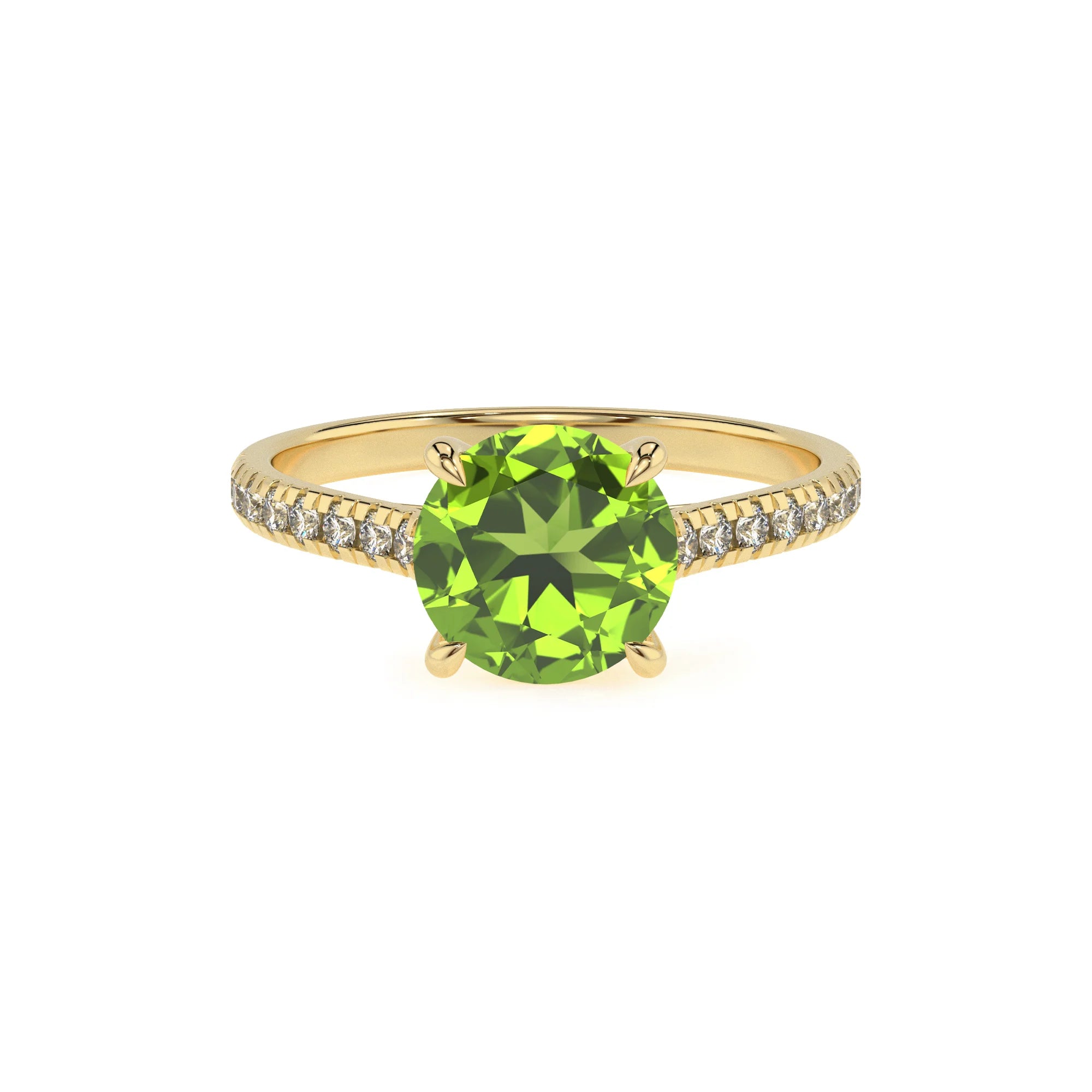 natural peridot round half eternity solitaire engagement rings in yellow gold
