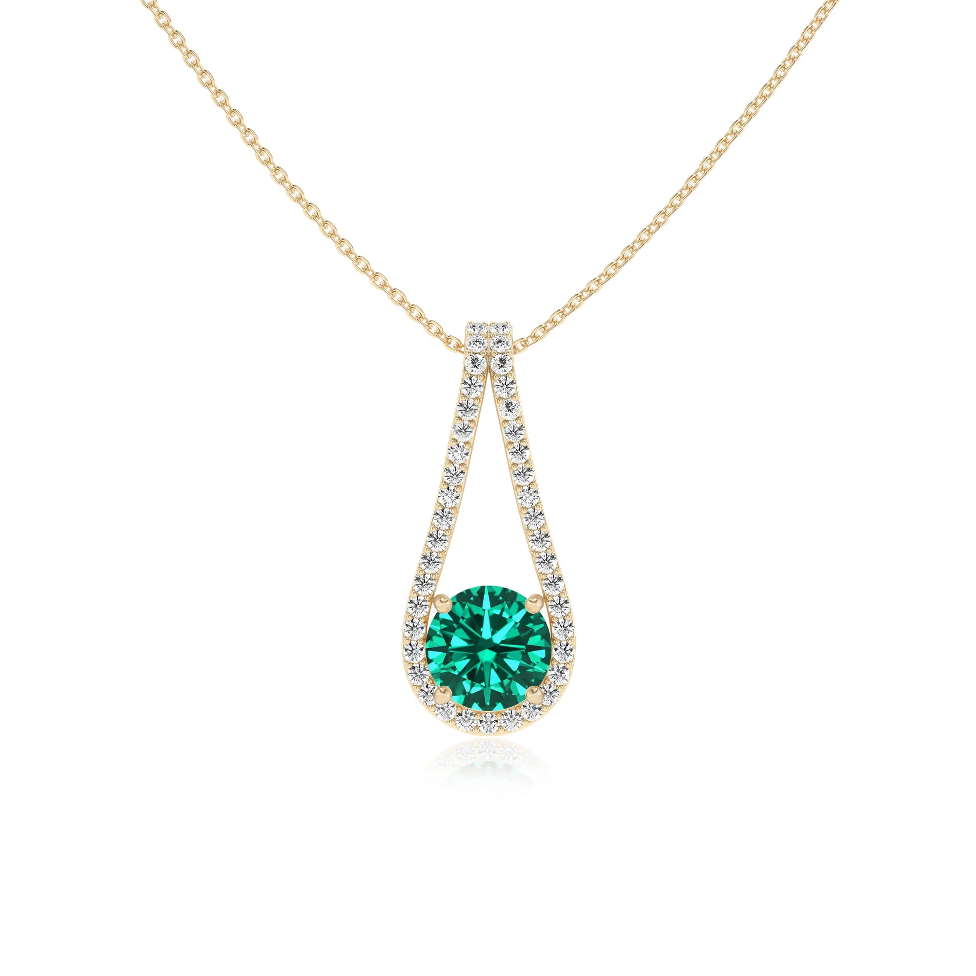 lab grown emerald round solitaire v-bale necklaces in yellow gold